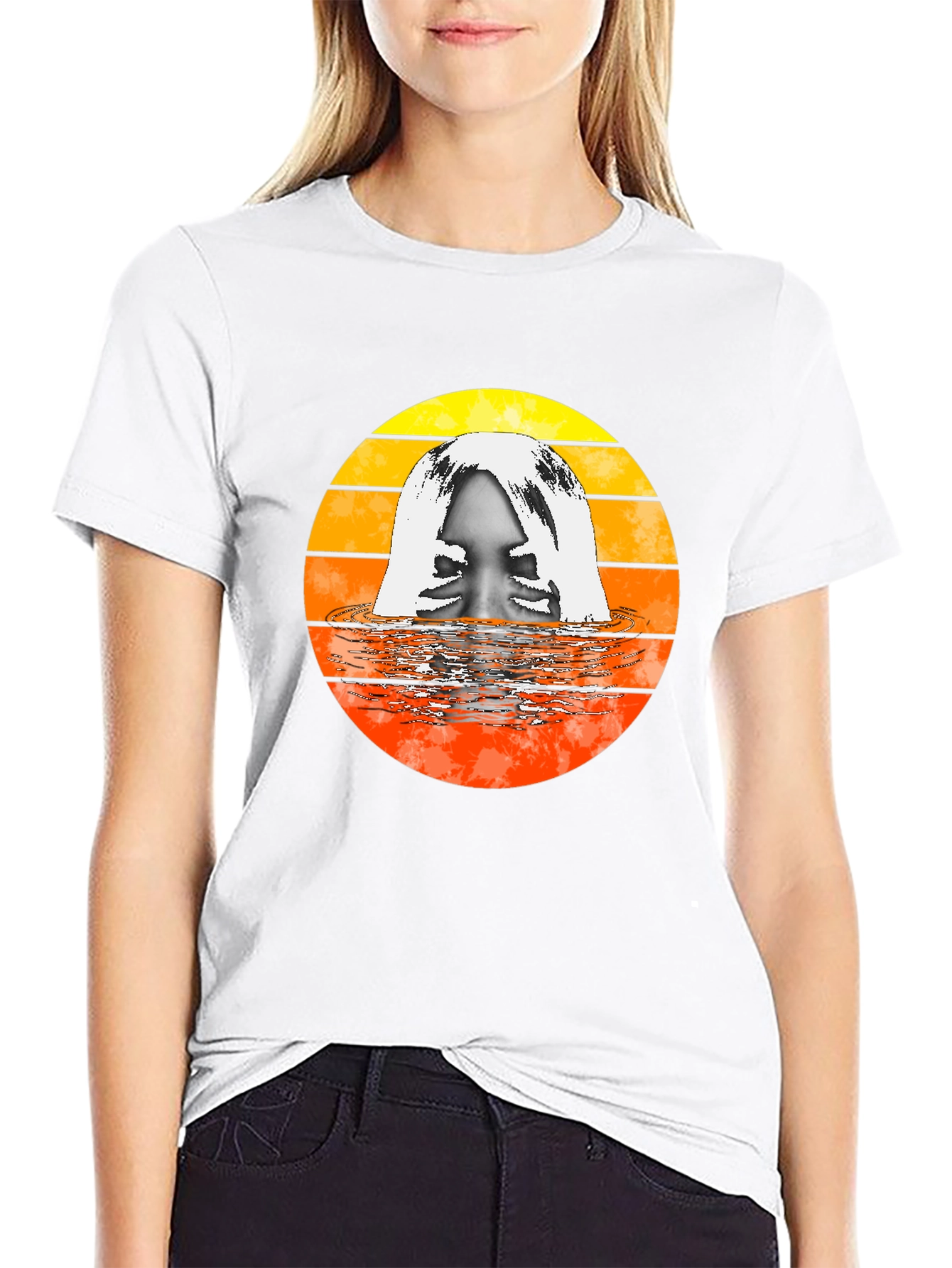 Black Retro Sunset Woman in Water Graphic T-Shirt view 9