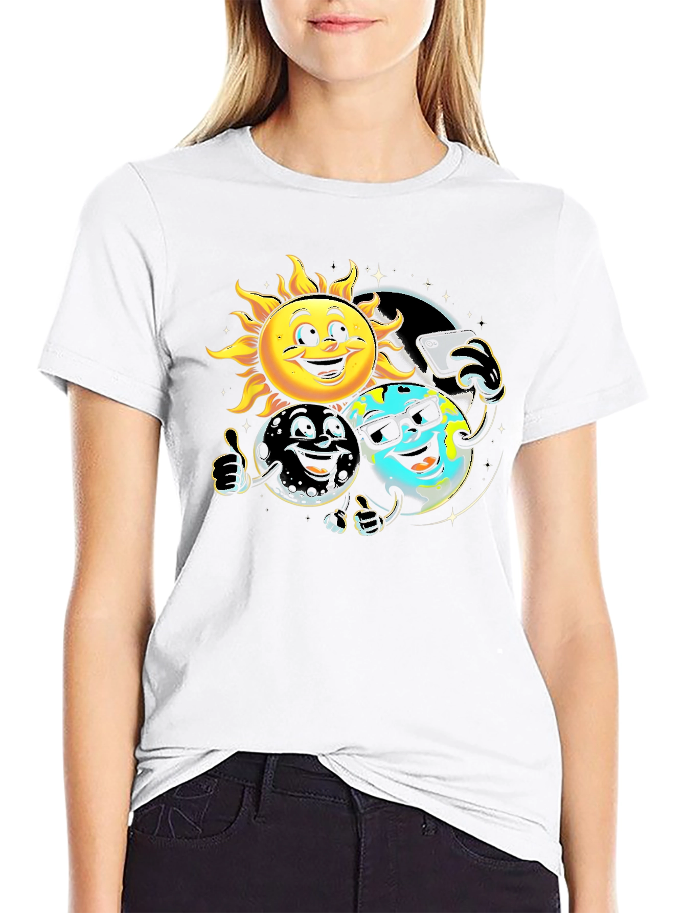 Black Cartoon Planet Selfie T-Shirt view 9