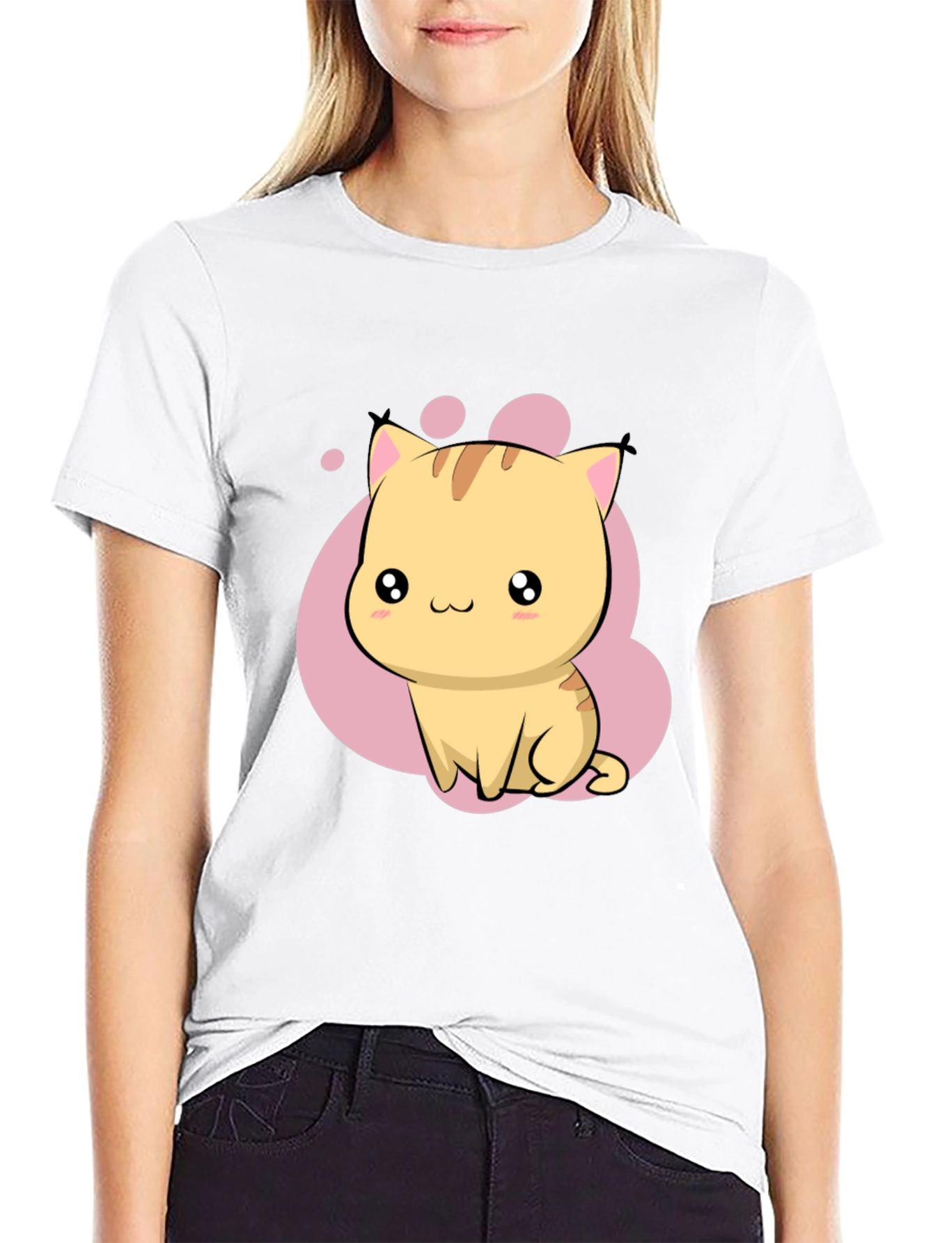 Black Cute Kawaii Cat Graphic Black T-Shirt view 9