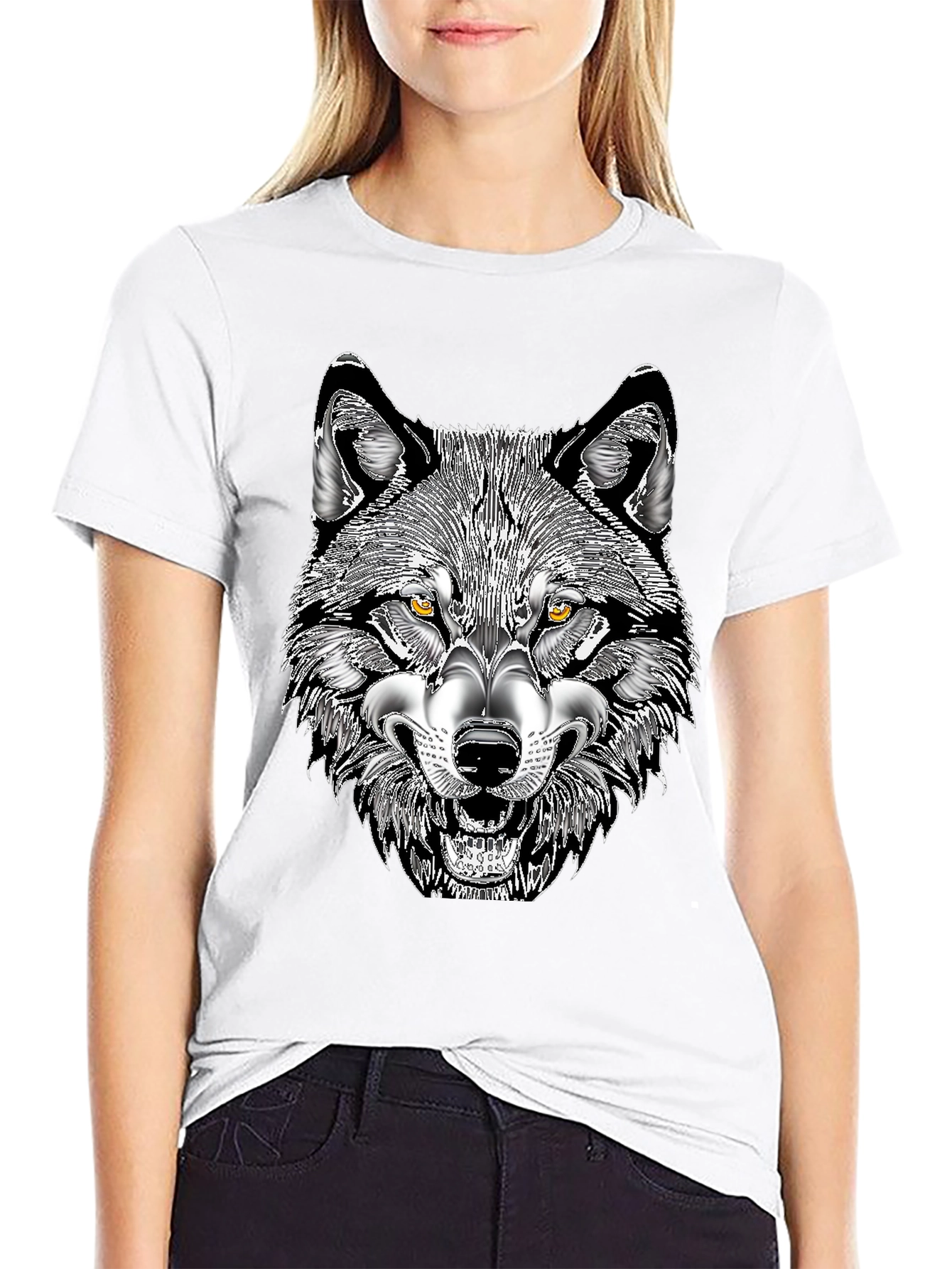 Black Men's Black T-Shirt with Wolf Graphic Print view 9
