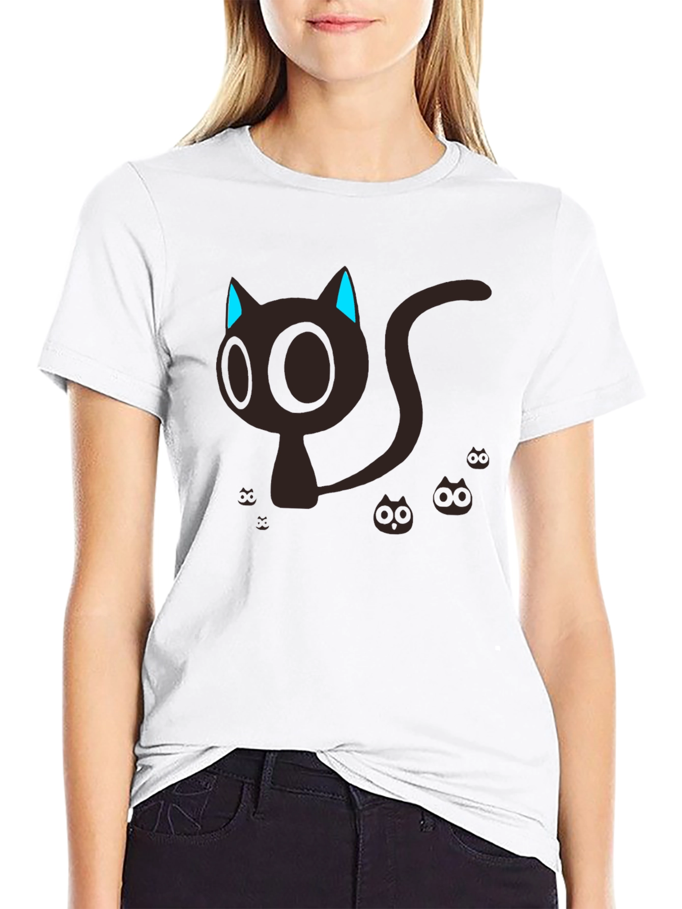 Black Cute Cartoon Cat Graphic T-Shirt - Black view 9