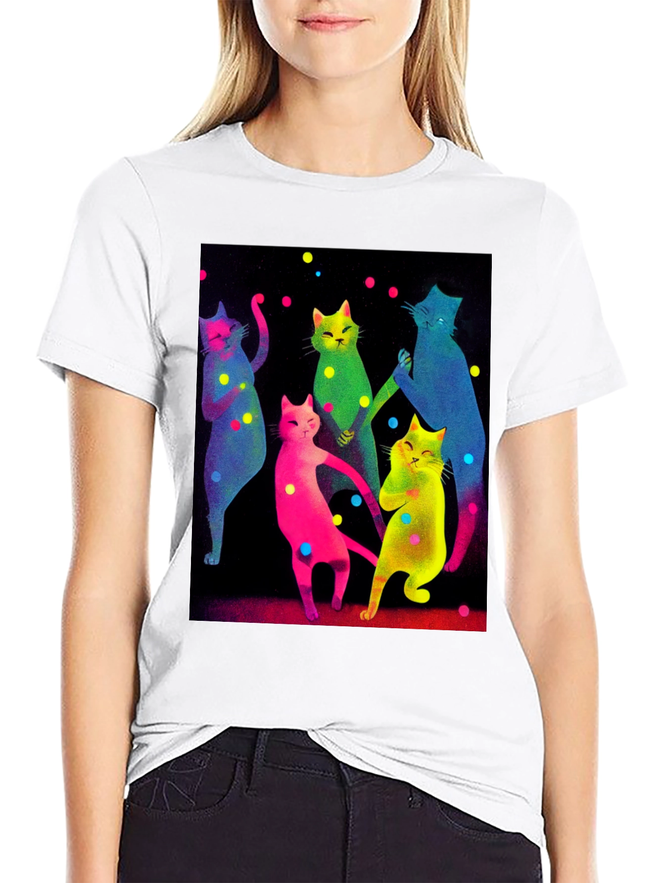 Black Dancing Cats Graphic Tee - Funky Black T-Shirt view 9