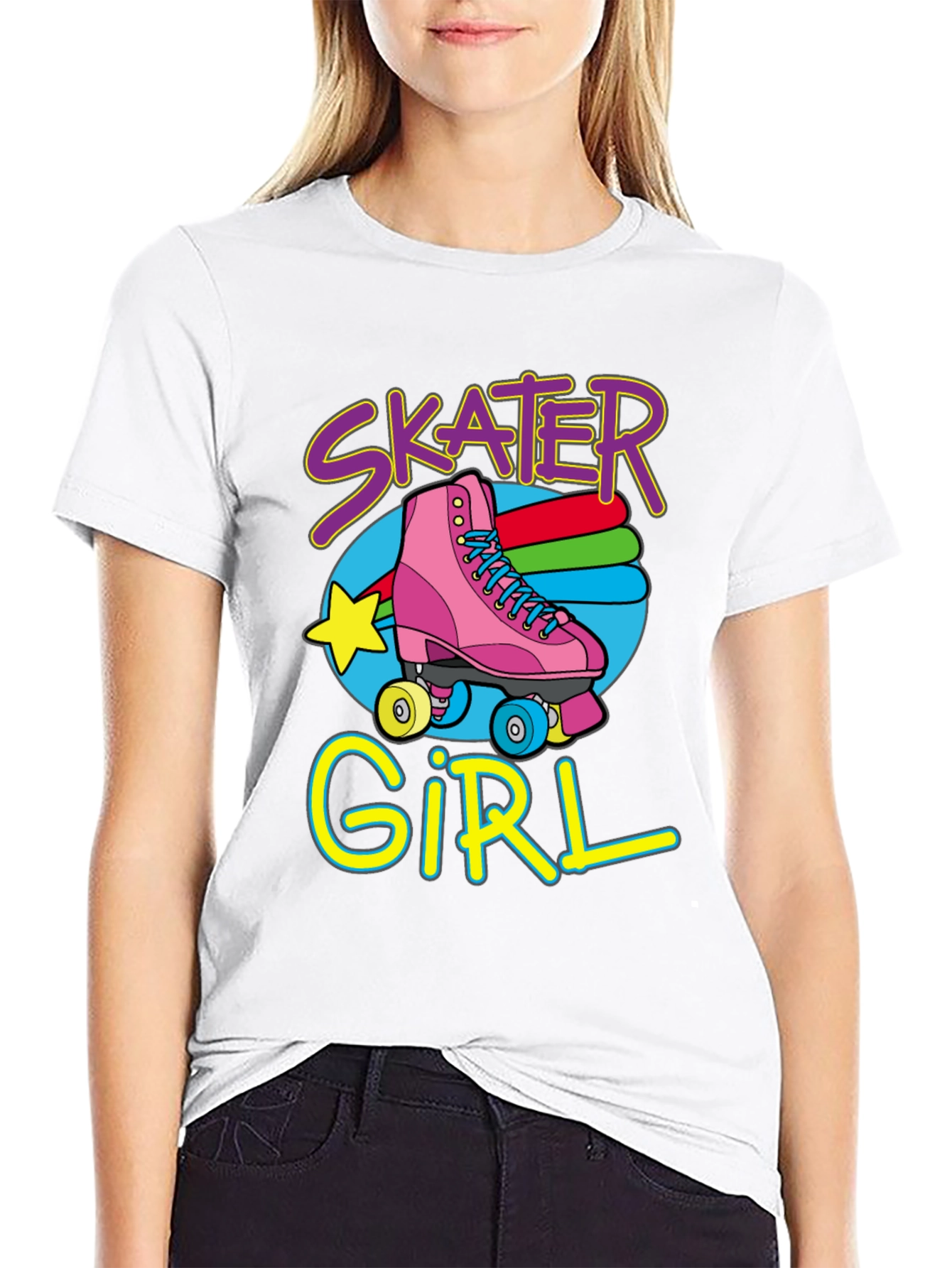 Black Skater Girl T-Shirt: Retro Roller Skate Design view 9