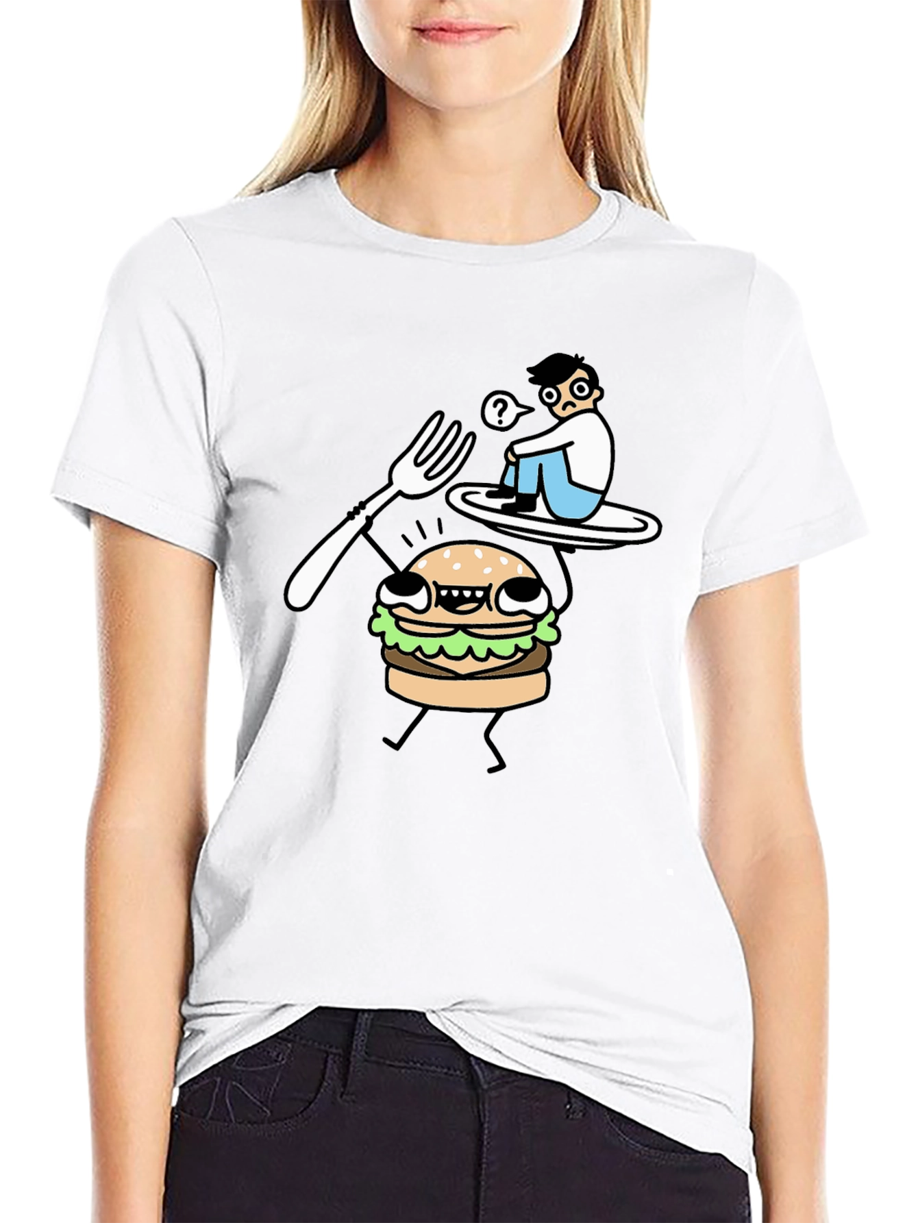 Black Funny Cartoon Burger T-Shirt - Black Cotton Tee view 9