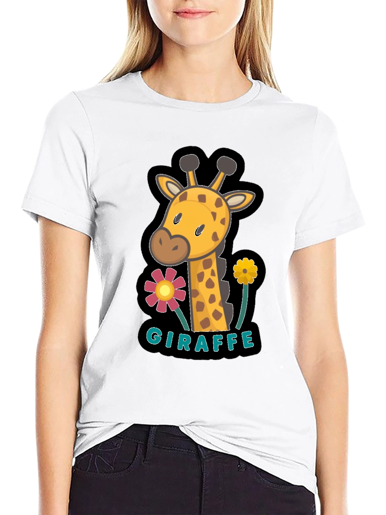 Black Cute Giraffe Flower Graphic Black T-Shirt view 9