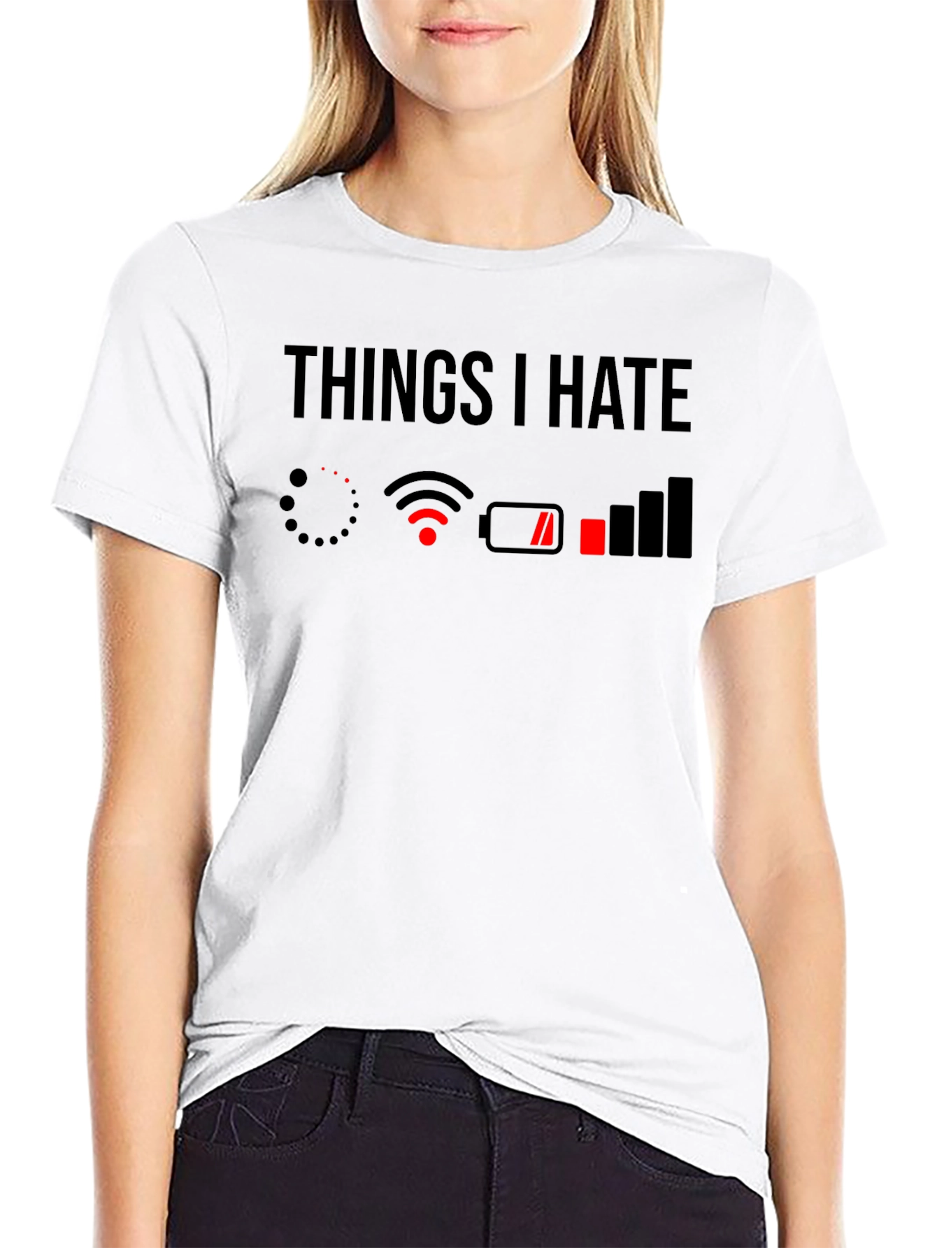 Black Things I Hate T-Shirt - Low Battery, No WiFi view 9