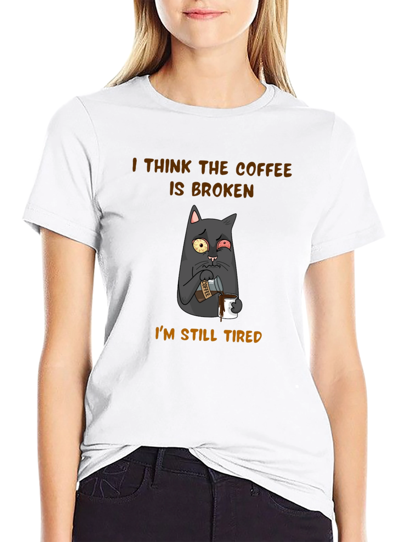 Black Funny Cat Coffee T-Shirt - I Think The Coffee Is Broken view 9