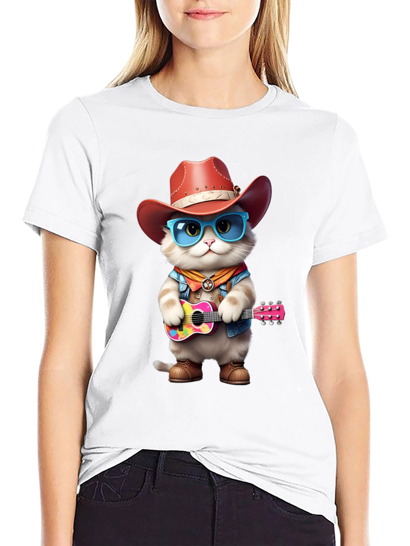 Black Cat Cowboy Guitar T-Shirt view 9