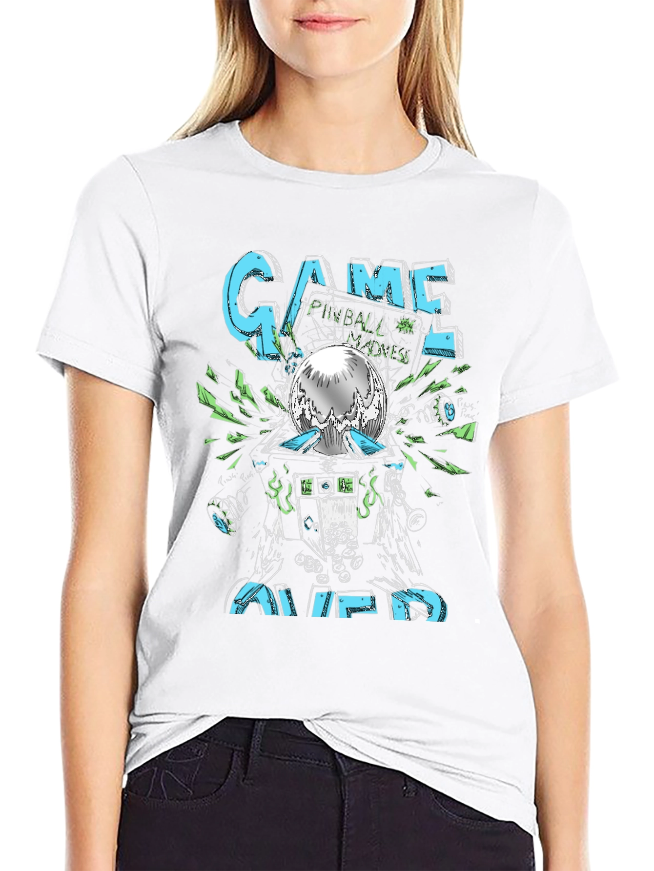 Black Game Over Pinball Graphic Tee - Black Cotton T-Shirt view 9