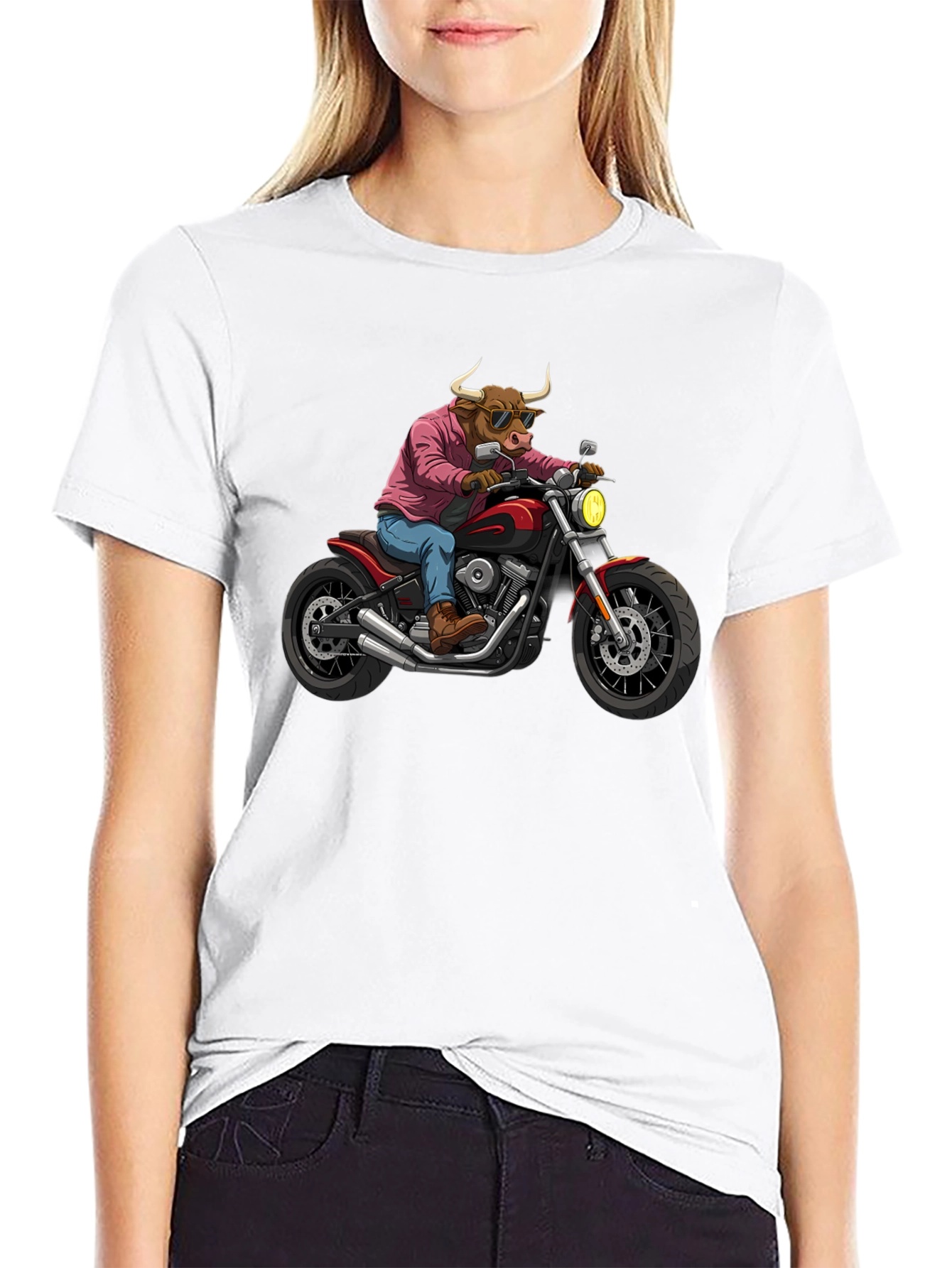 Black Cool Bull on Motorcycle T-Shirt - Black Cotton Graphic Tee view 9