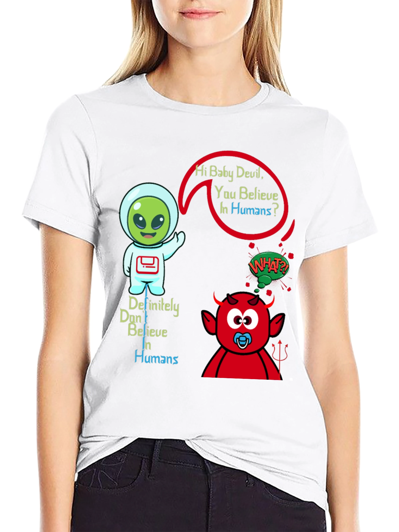 Black Alien & Baby Devil Graphic T-Shirt - Believe in Humans? view 9