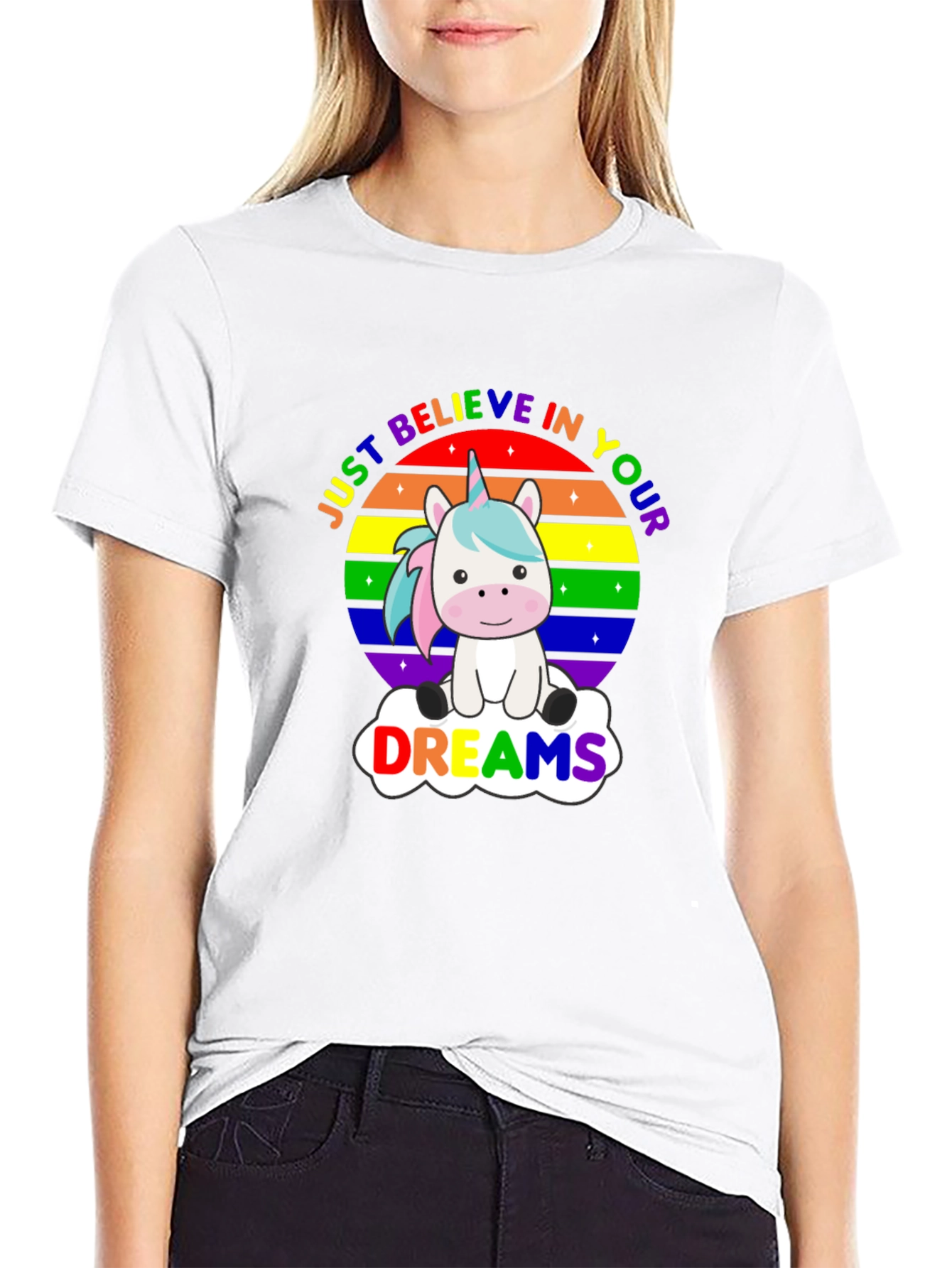 Black Believe in Your Dreams Rainbow Unicorn T-Shirt view 9