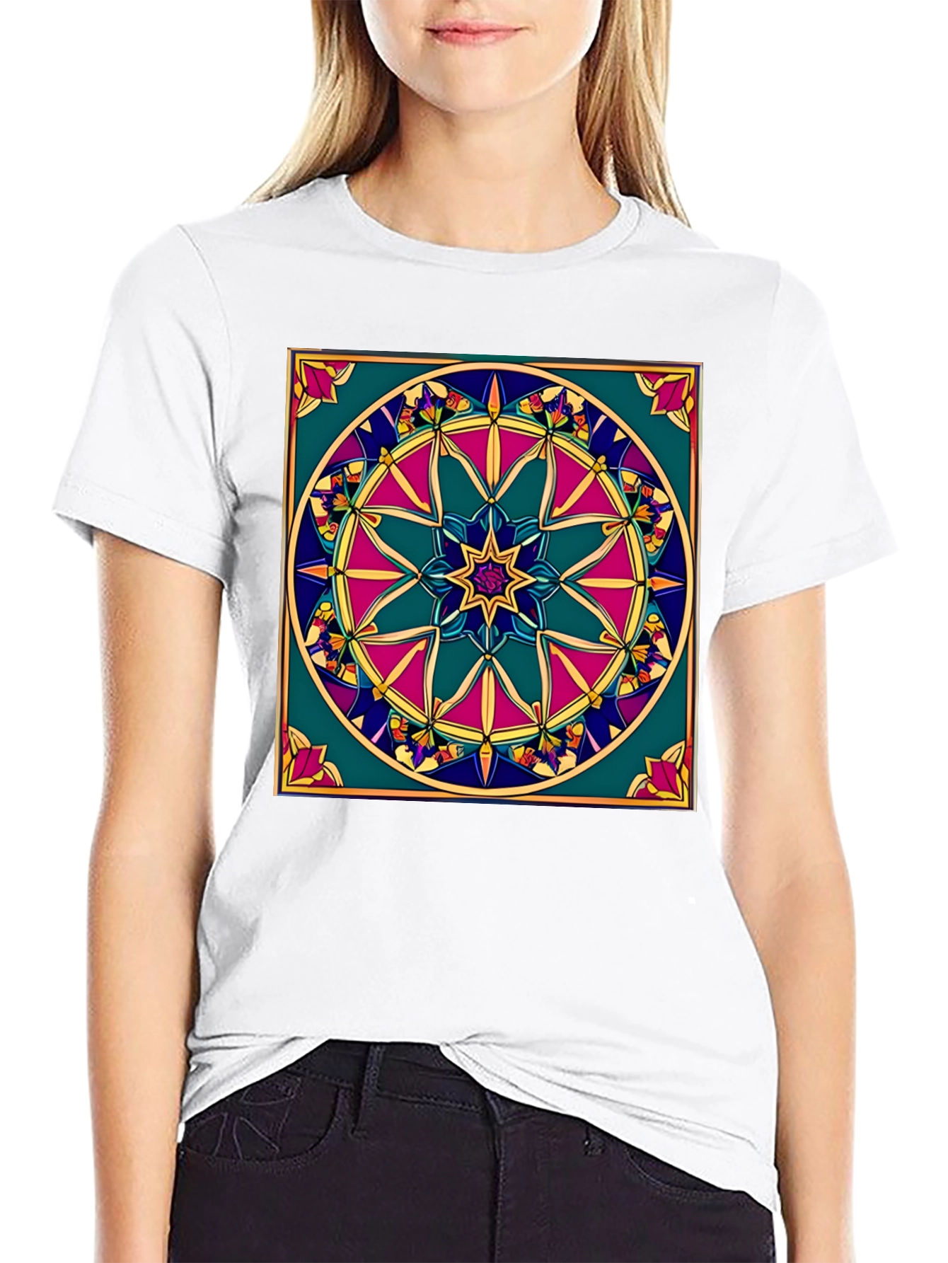 Black Geometric Mandala Design Black T-Shirt view 9