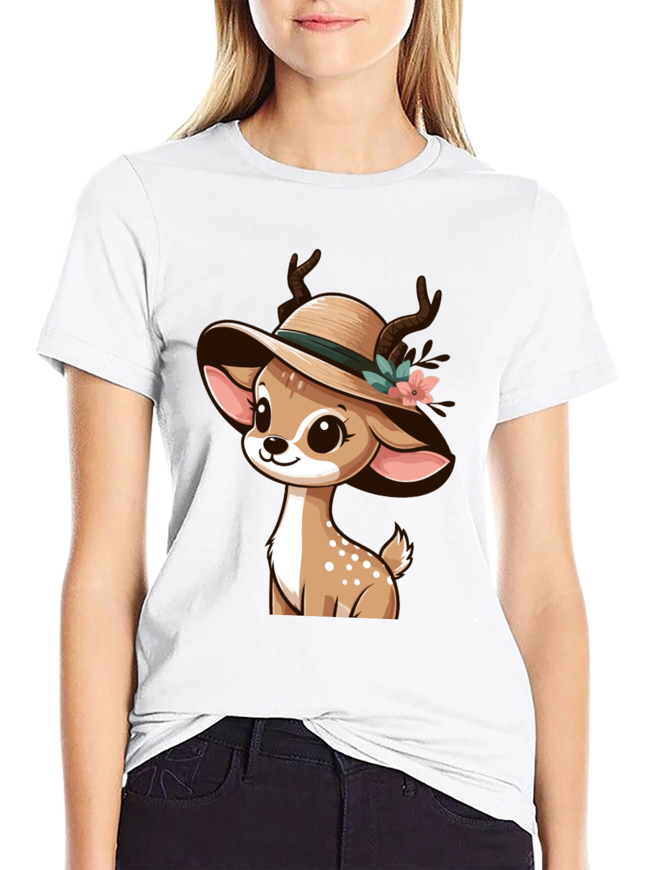 Black Cute Deer in Hat Graphic T-Shirt view 9