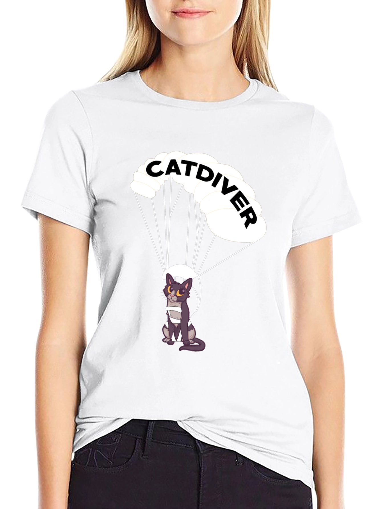 Black Catdiver T-Shirt - Parachuting Cat Graphic Tee view 9