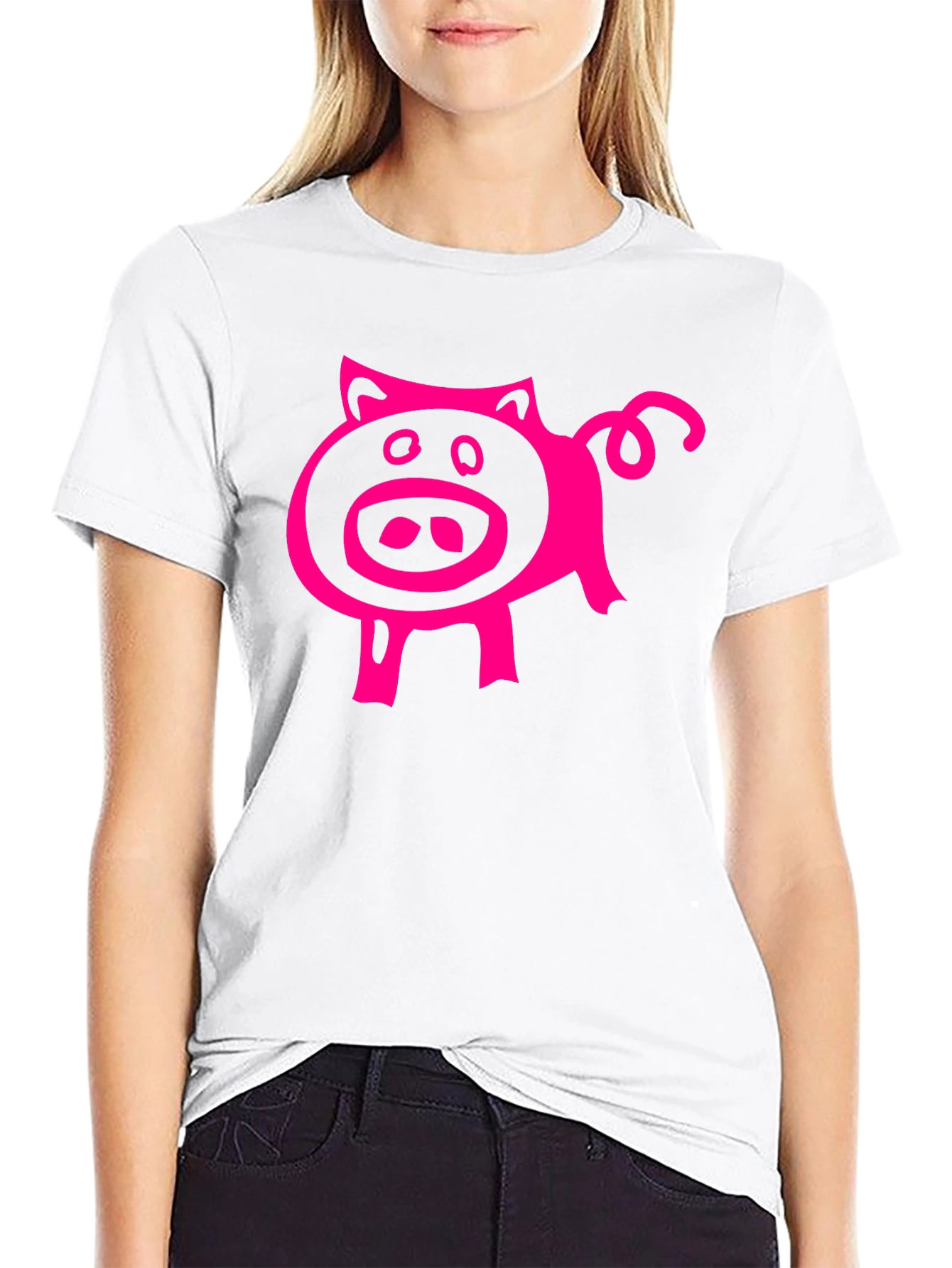 Black Pink Pig Graphic Tee - Black Cotton Blend Casual T-Shirt view 9