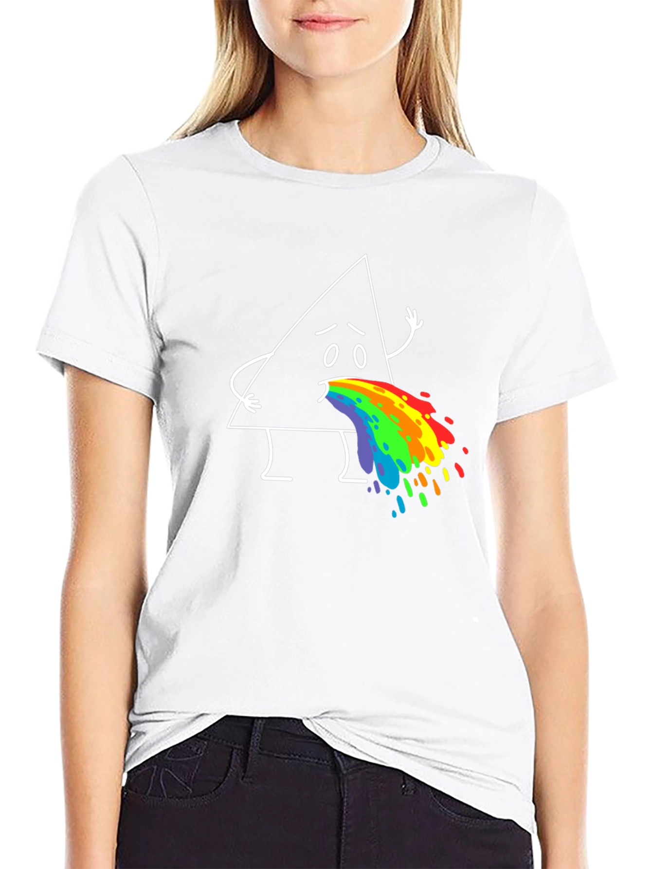 Black Funny Triangle Rainbow Puke Graphic Tee view 9