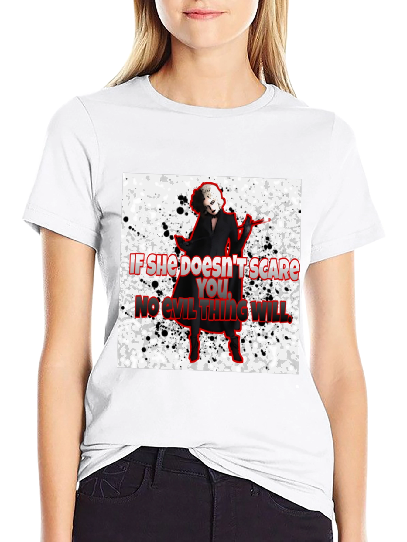 Black Horror Movie Villain T-Shirt - "If She Doesn't Scare You..." view 9