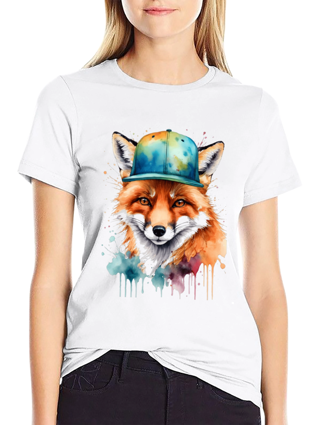Black Fox in Cap Graphic Tee - Cool Watercolor Design view 9