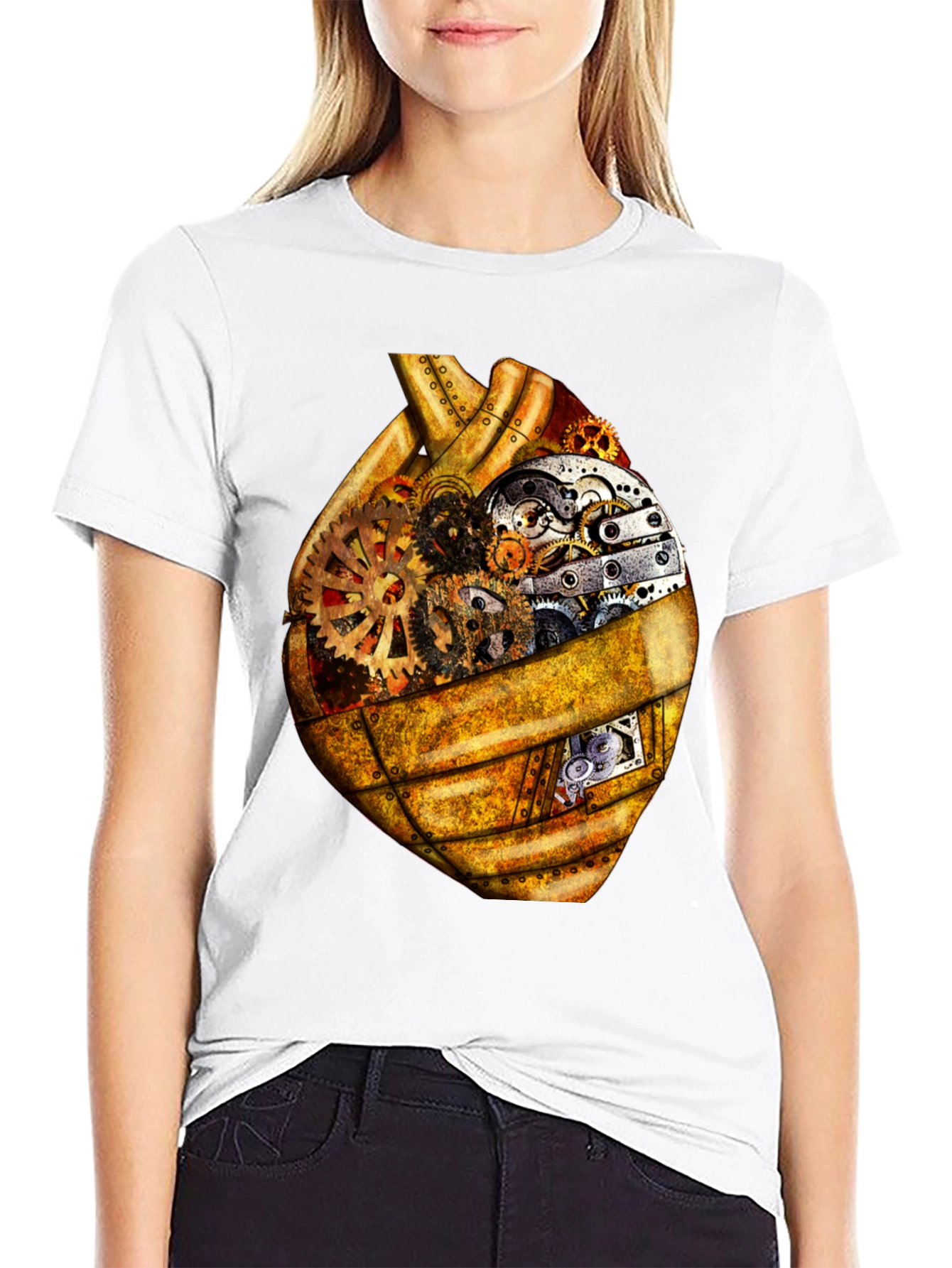 Black Steampunk Heart Gears Graphic Tee view 9