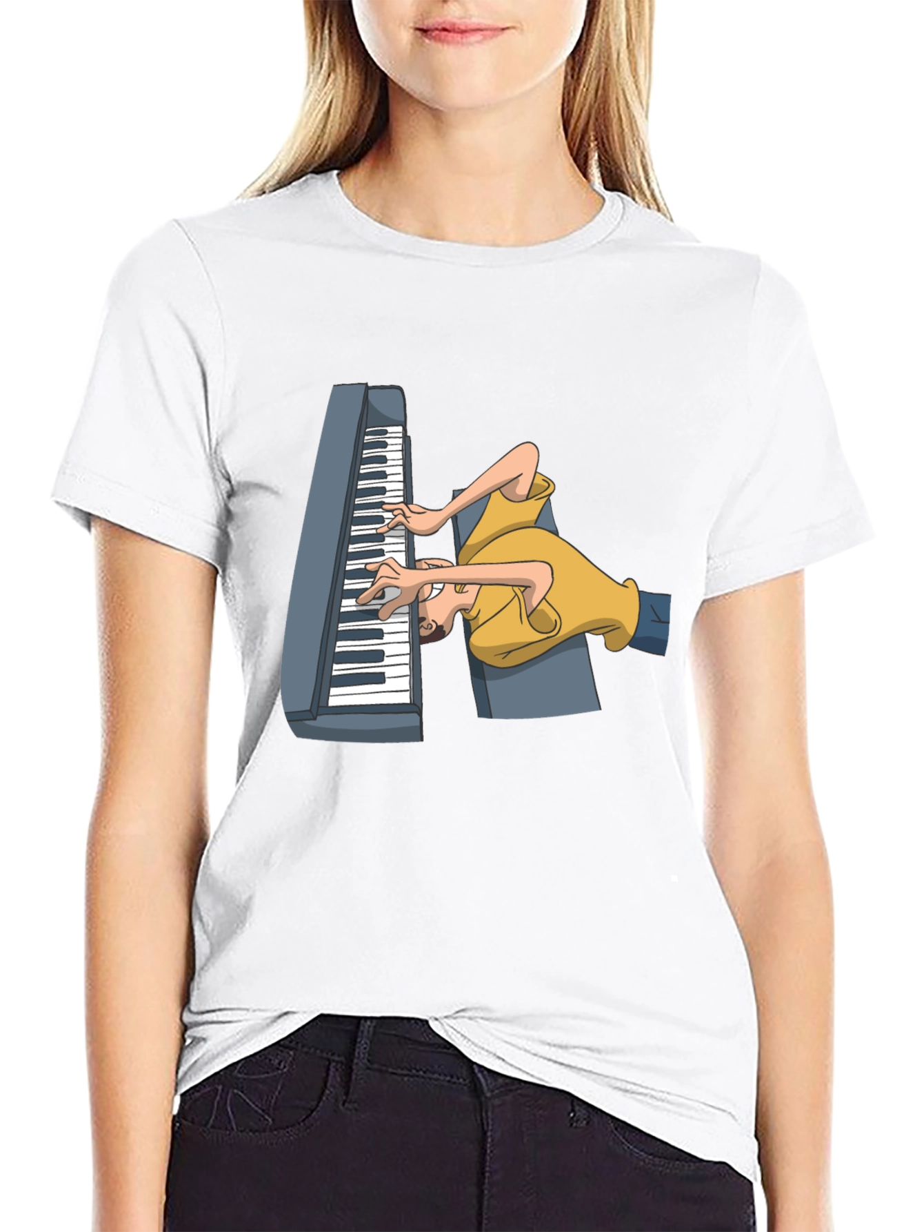 Black Funny Cartoon Piano Player Black T-Shirt view 9