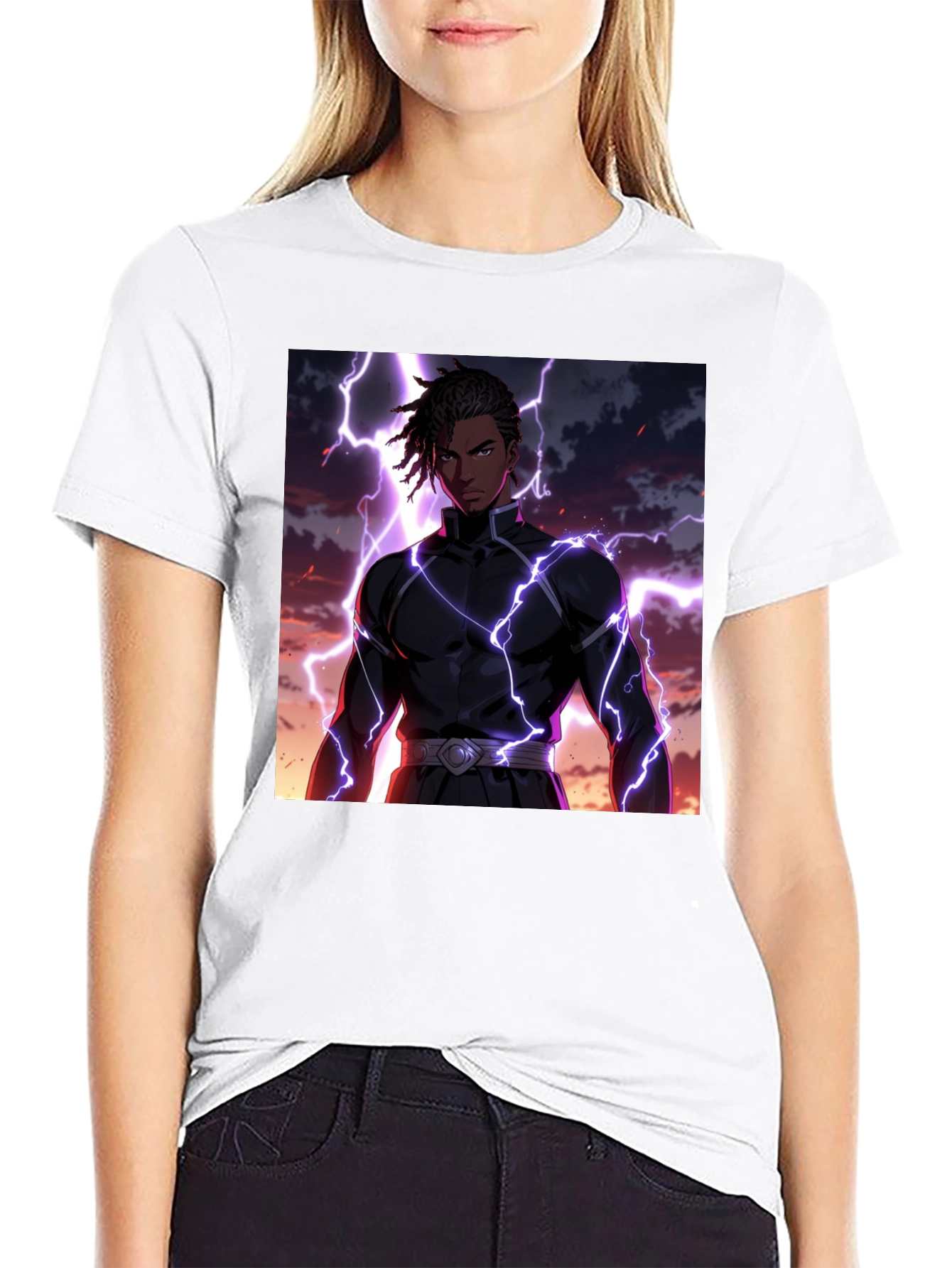 Black Anime Lightning Bolt Graphic Tee - Black Cotton Blend view 9