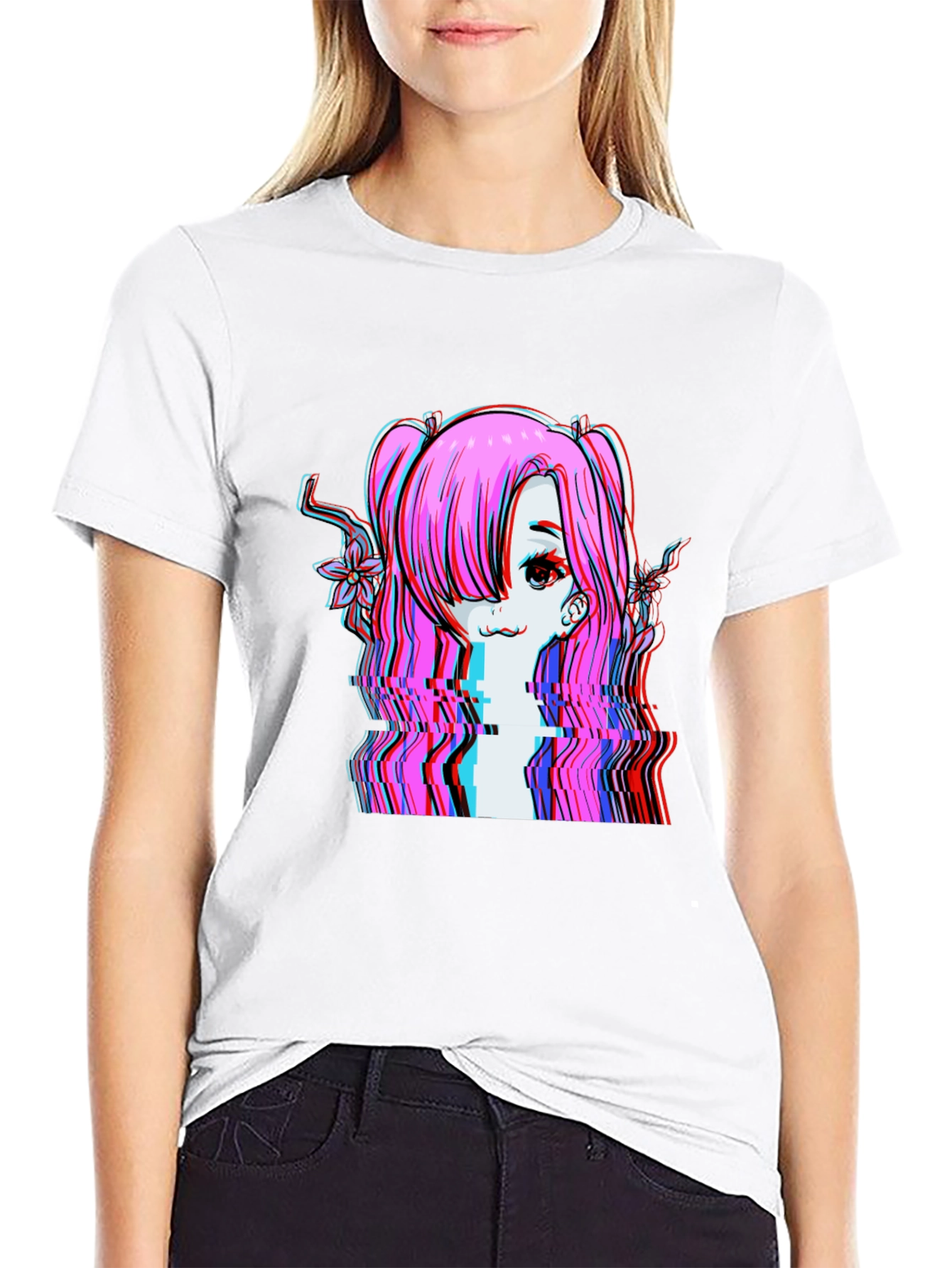 Glitch Anime Girl T-Shirt - Edgy Vaporwave Style - 9