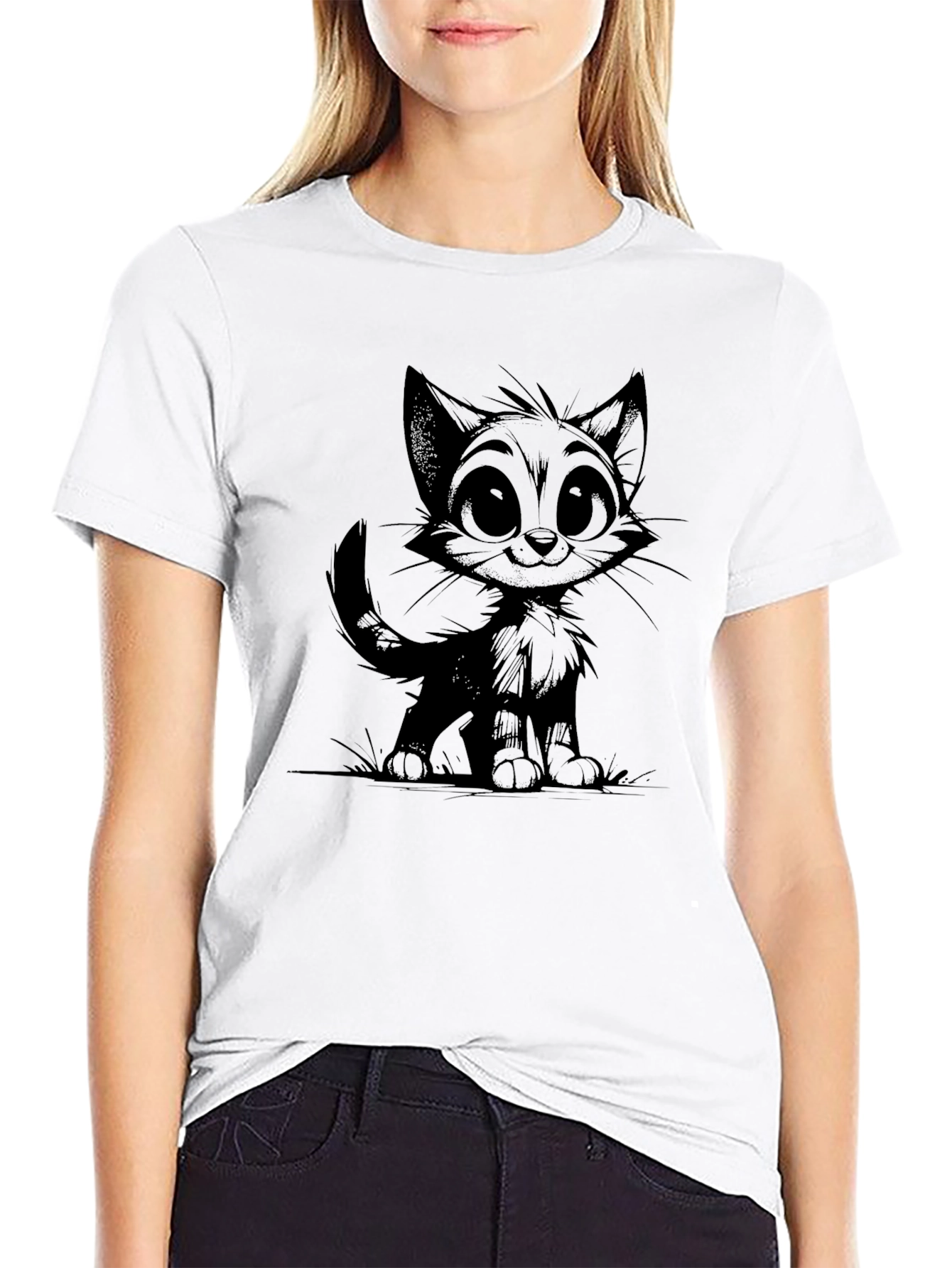 Black Cartoon Cat Graphic Tee - Men's Black T-Shirt view 9