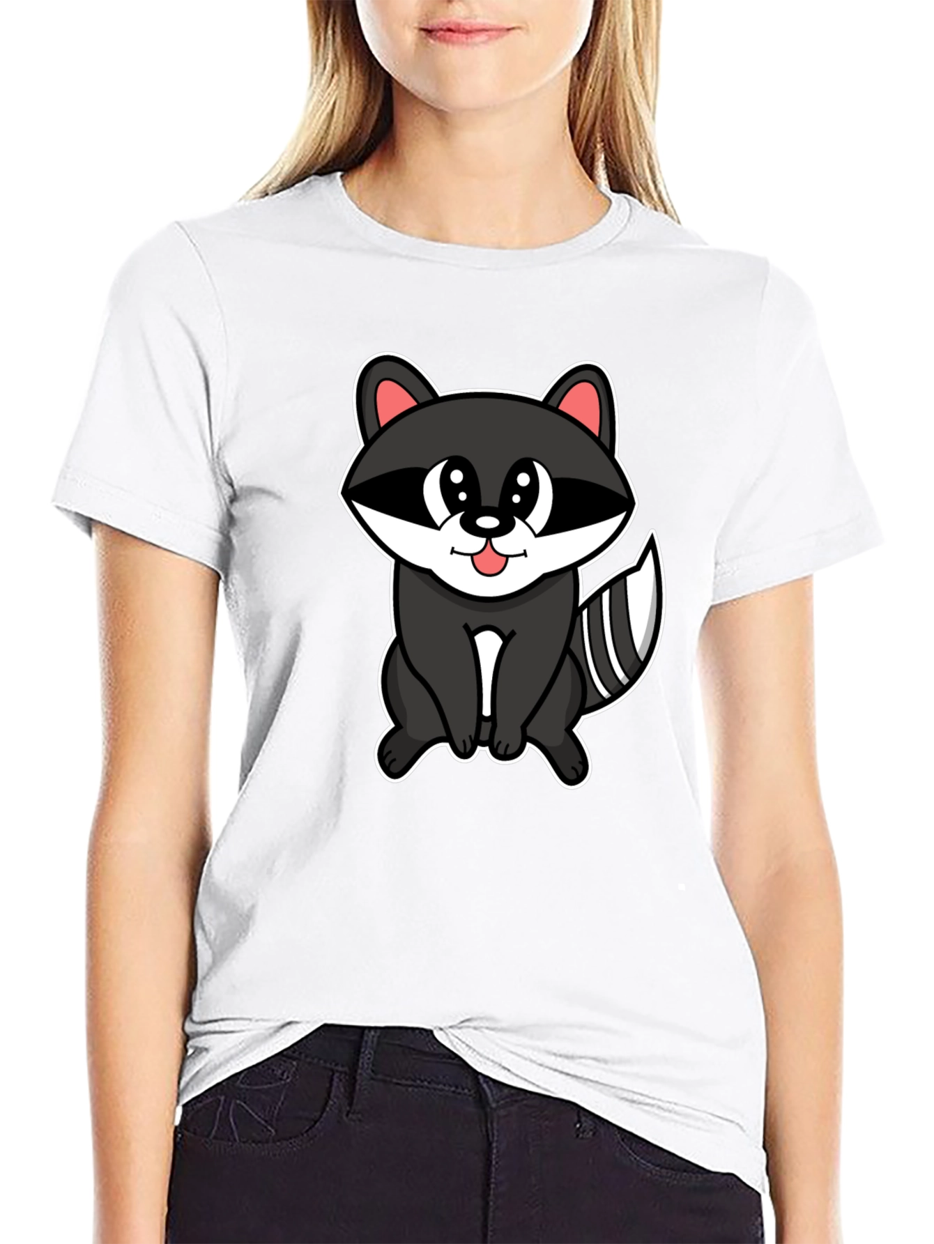 Black Cute Raccoon Cartoon Black T-Shirt view 9