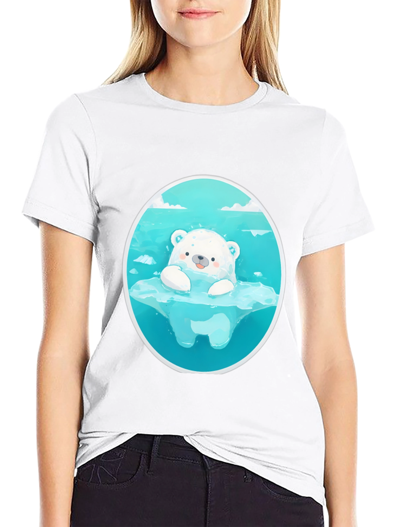 Black Cute Polar Bear Graphic Tee - Black Cotton T-Shirt view 9
