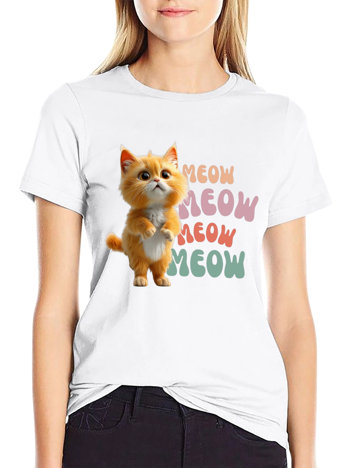 Black Cute Cartoon Cat Meow Graphic T-Shirt view 9
