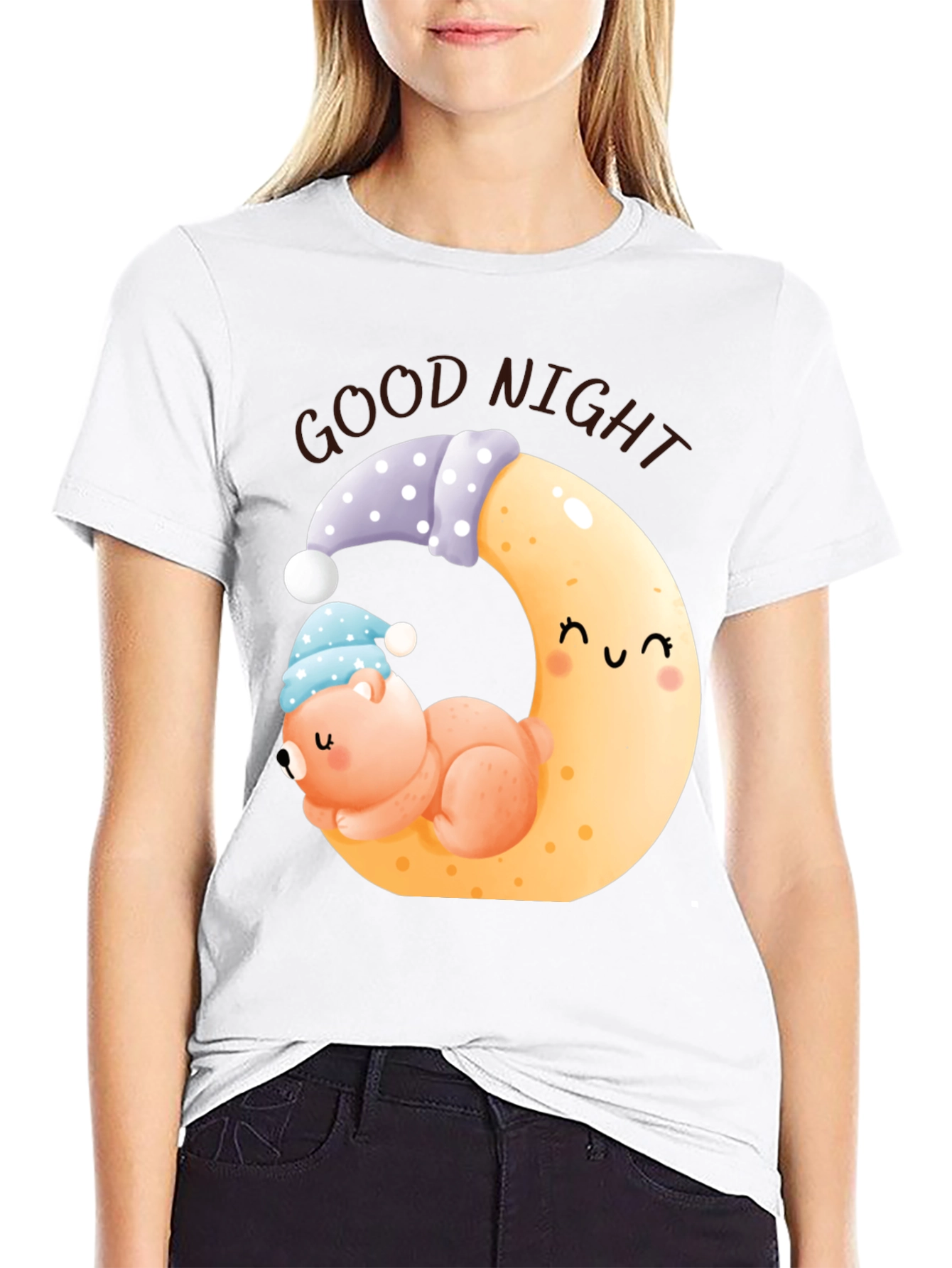 Black Good Night Bear Moon Graphic Black T-Shirt view 9