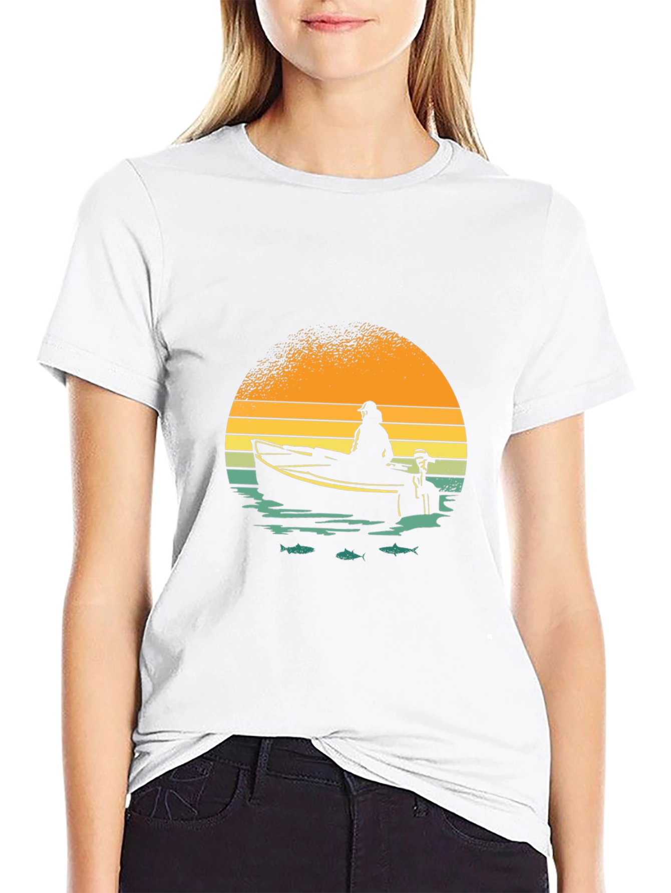 Black Fishing Boat Graphic Tee - Retro Sunset Design view 9