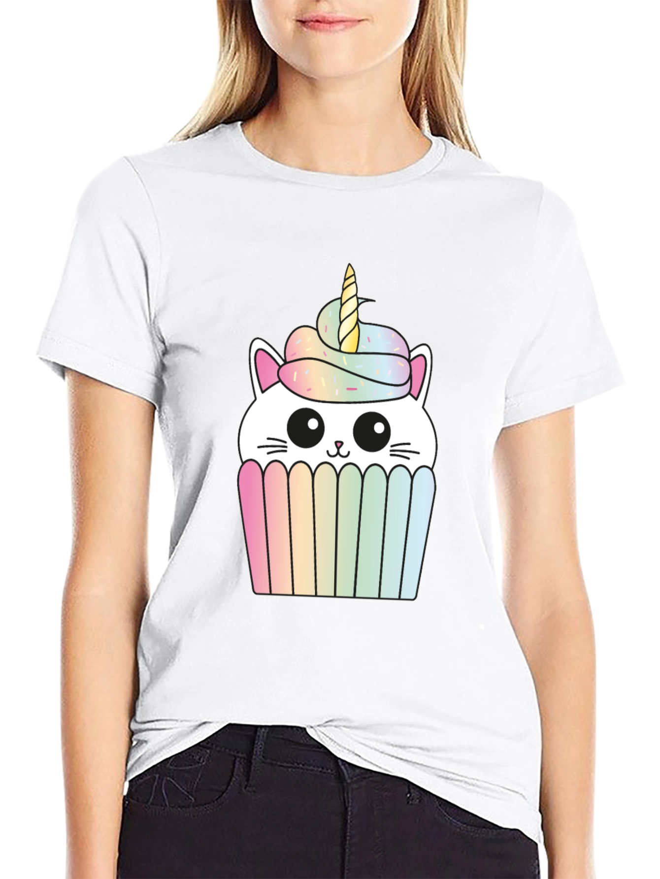 Black Unicorn Cat Cupcake Graphic Tee - Black Cotton T-Shirt view 9