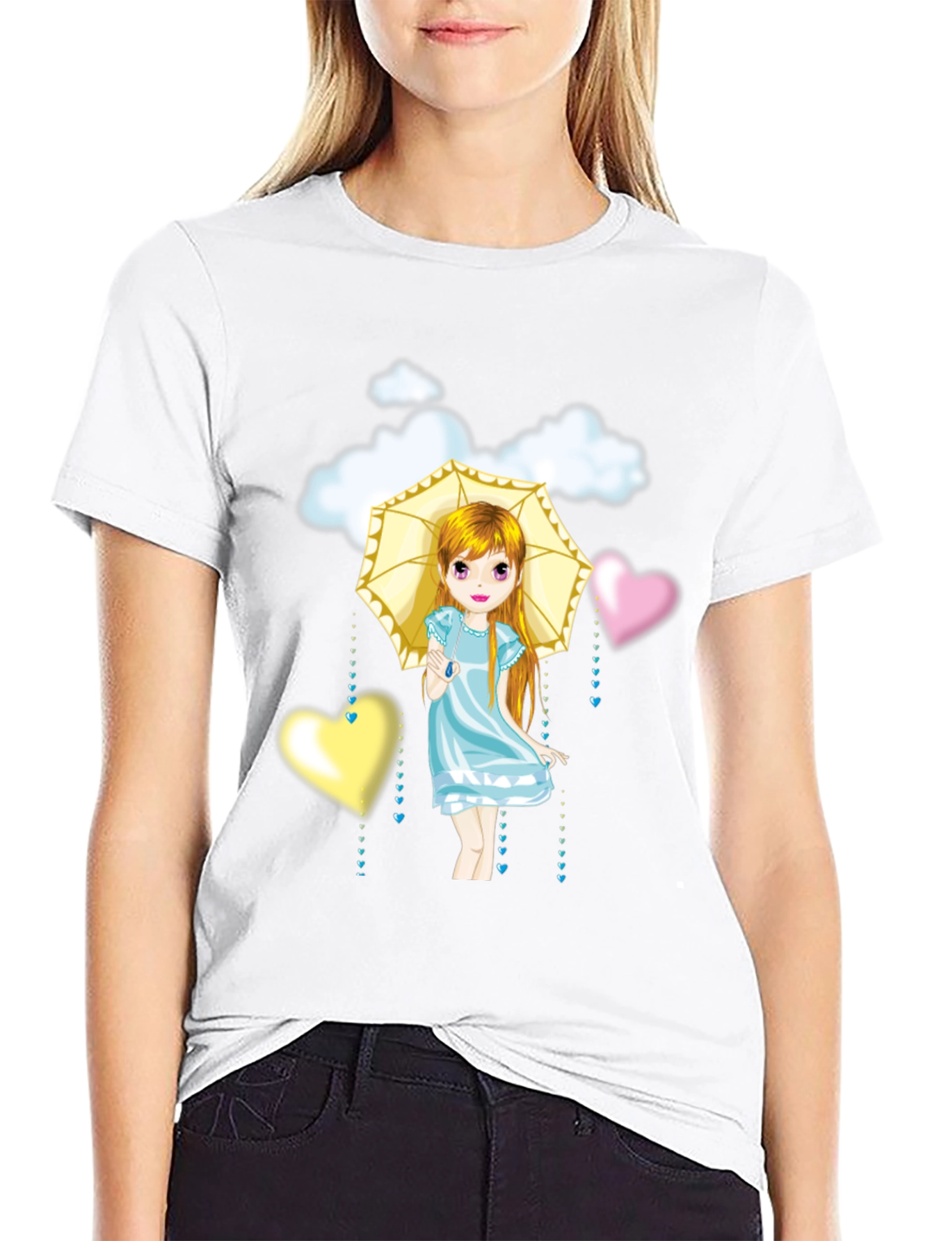 Black Cute Girl Umbrella Heart Cloud Black T-Shirt view 9