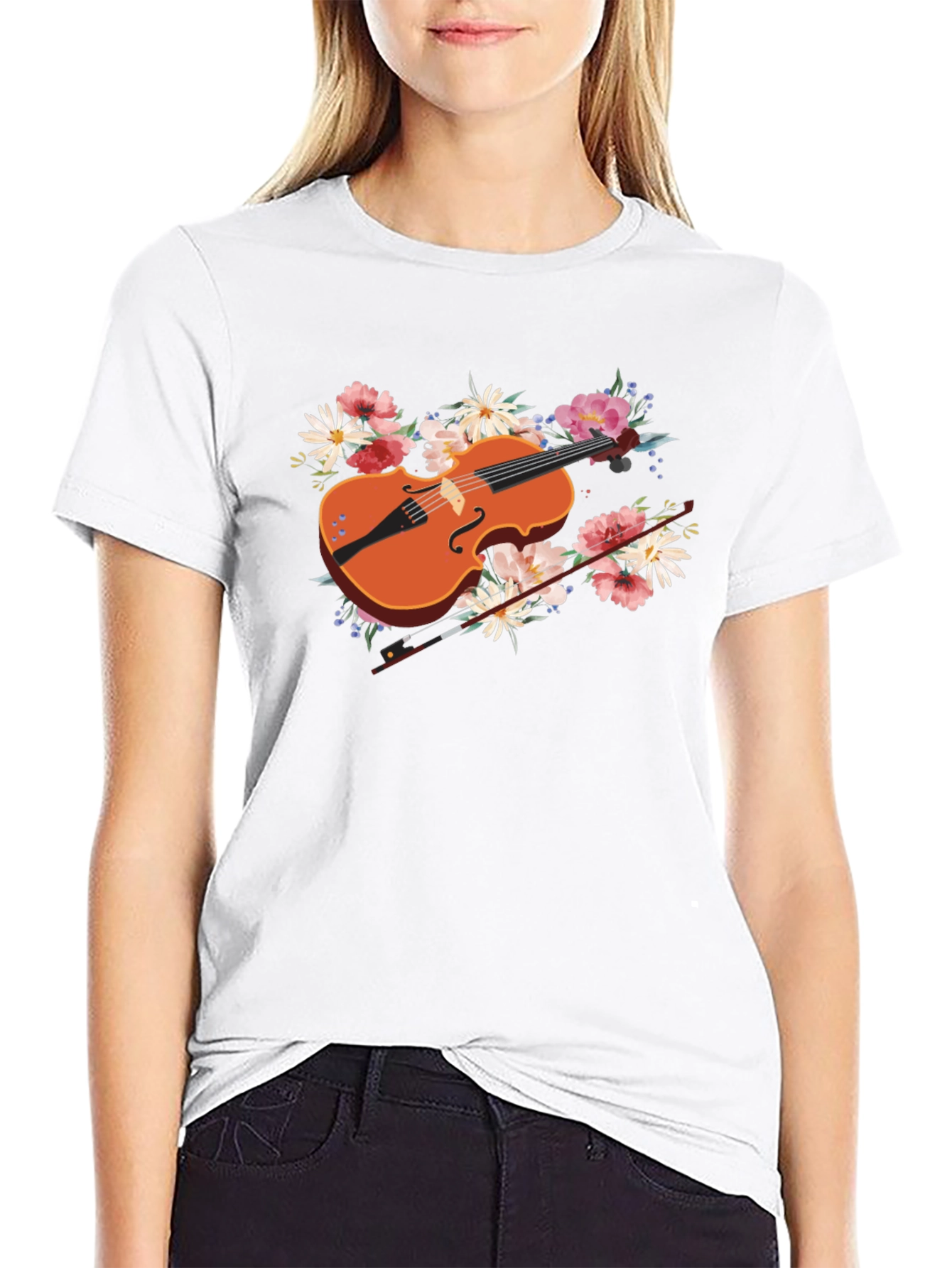 Black Floral Violin Graphic Tee - Stylish Music Lover's Shirt view 9
