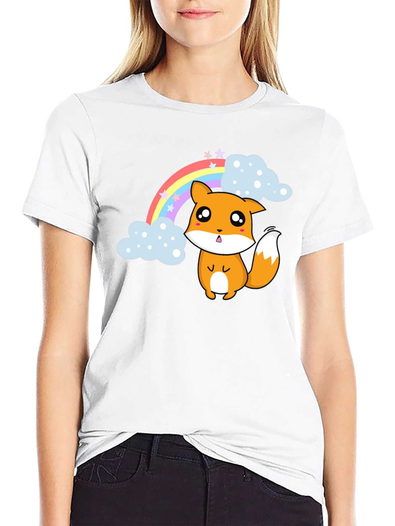 Black Kawaii Fox Rainbow T-Shirt - Cute & Comfy view 9