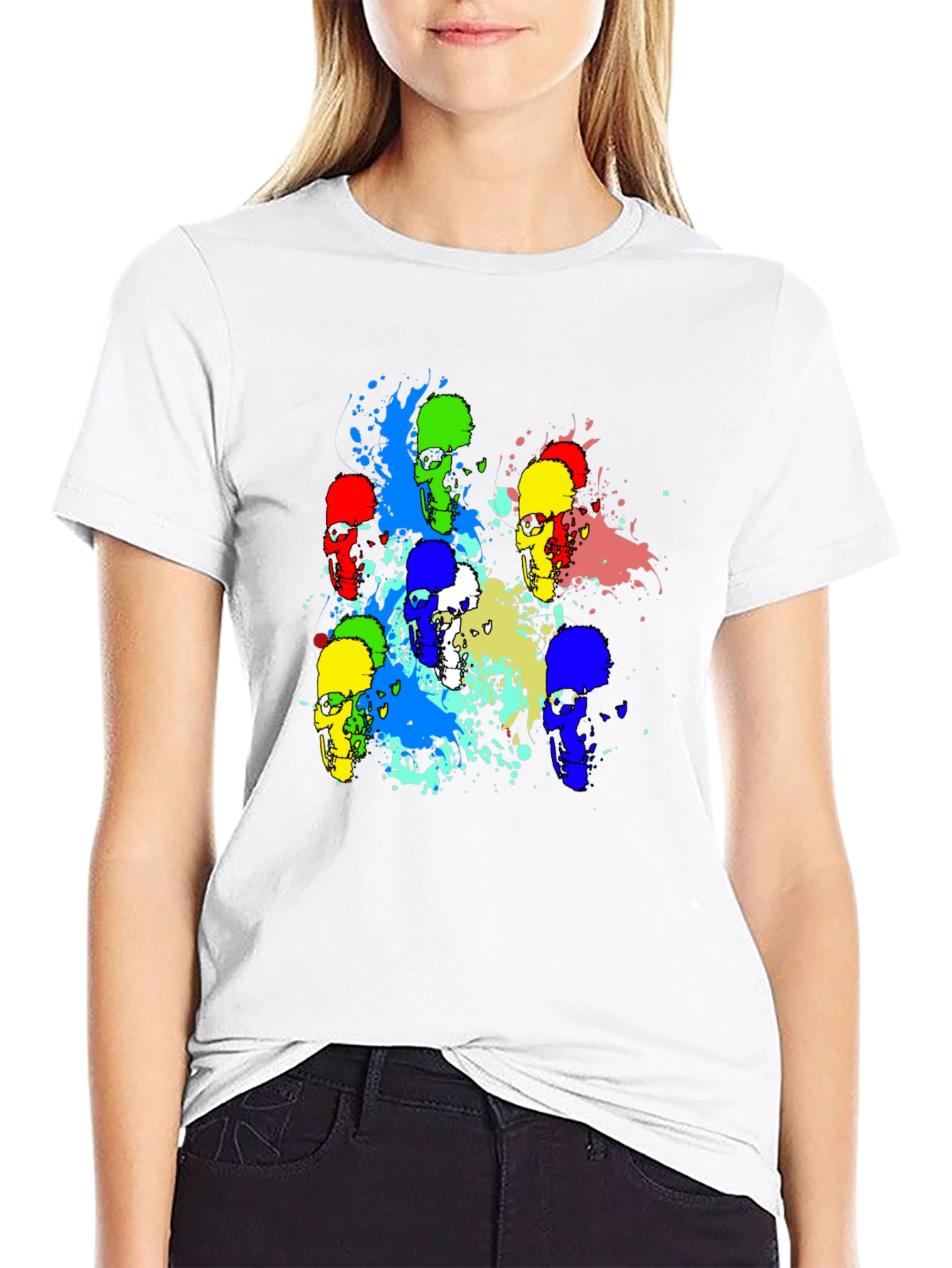 Black Colorful Skull Graphic Print T-Shirt view 9
