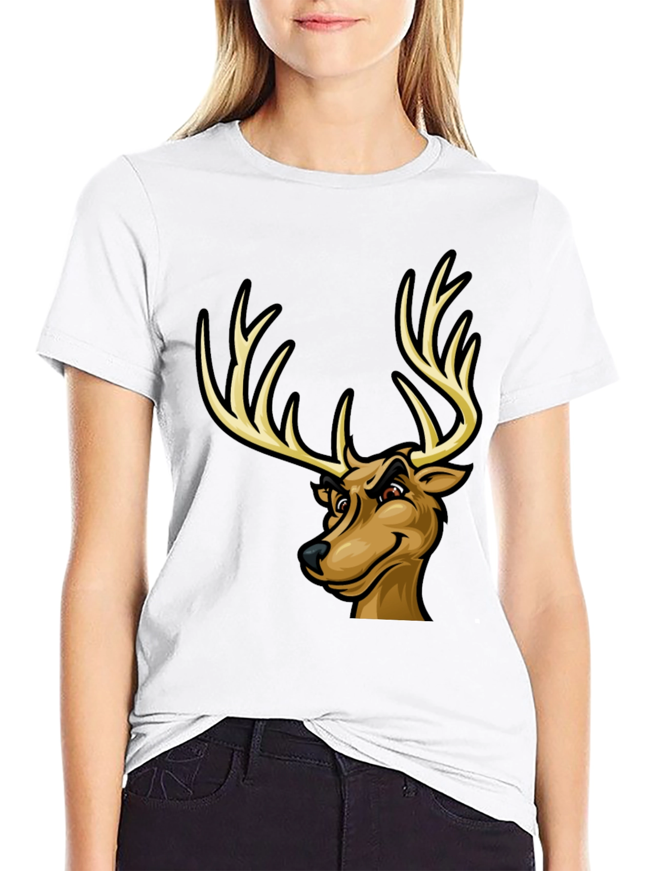 Black Men's Black T-Shirt with Cartoon Deer Graphic view 9