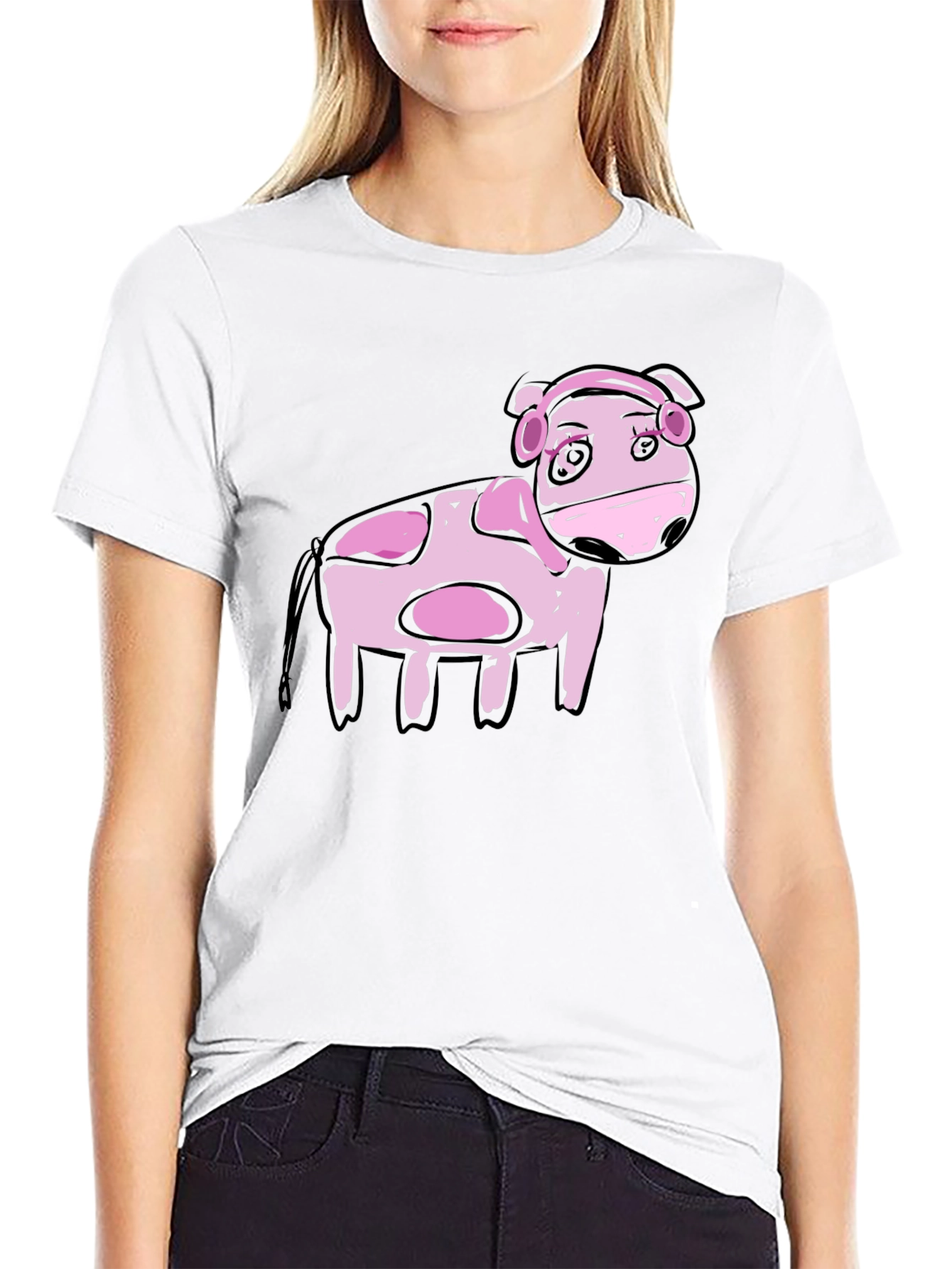 Black Cartoon Pink Cow Black T-Shirt view 9