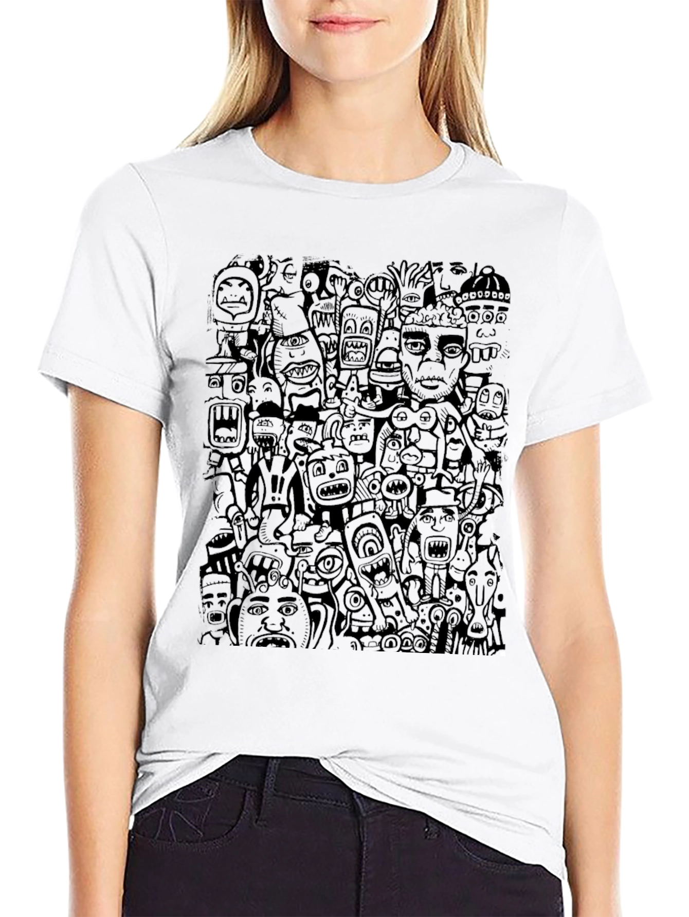 Black Doodle Art Print T-Shirt - Casual Black Tee view 9
