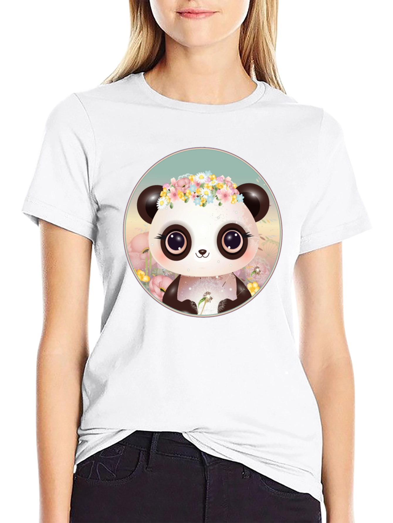 Black Cute Panda Flower Crown Graphic Tee view 9