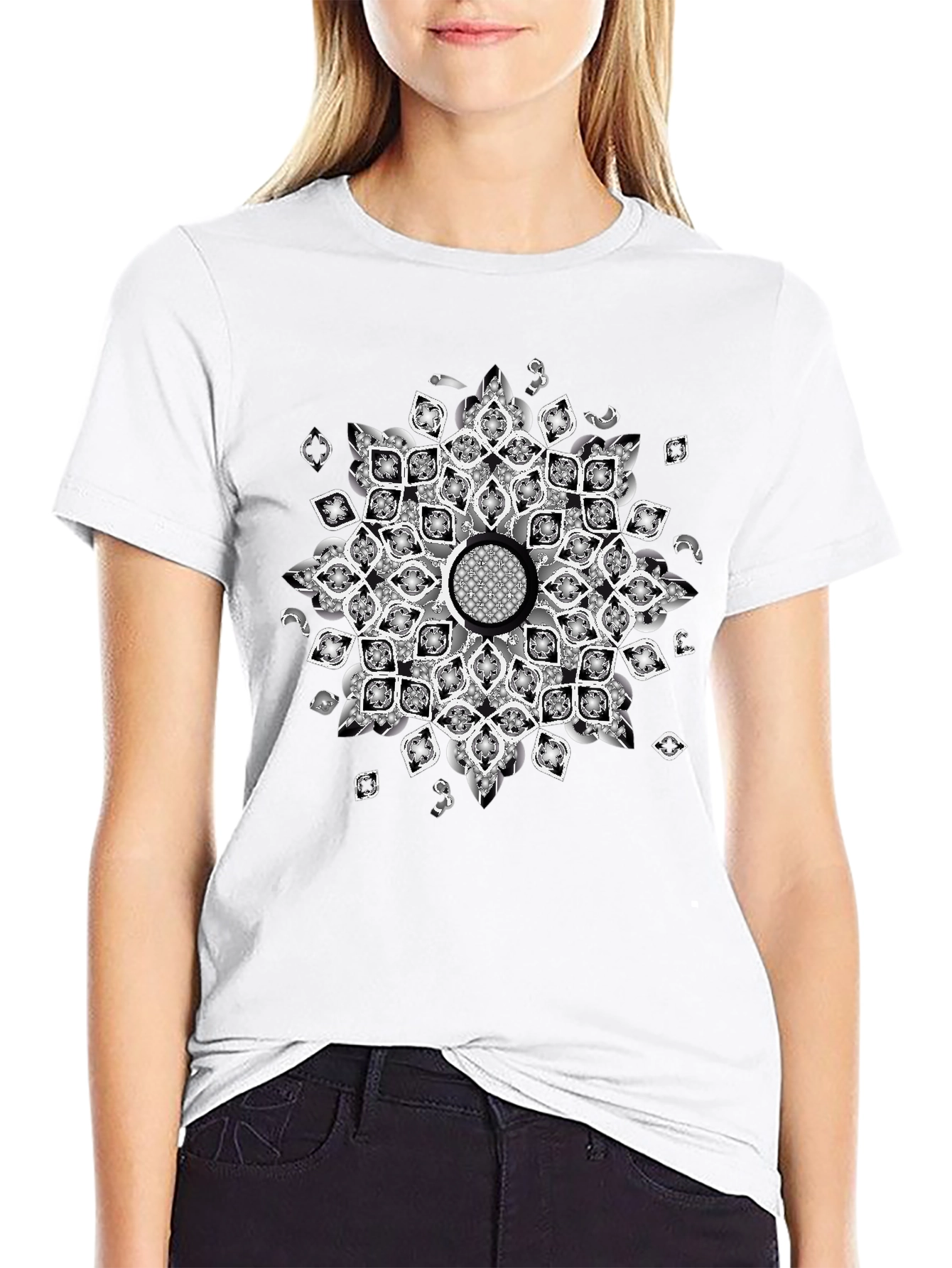 Black Black Tee with Mandala Design view 9