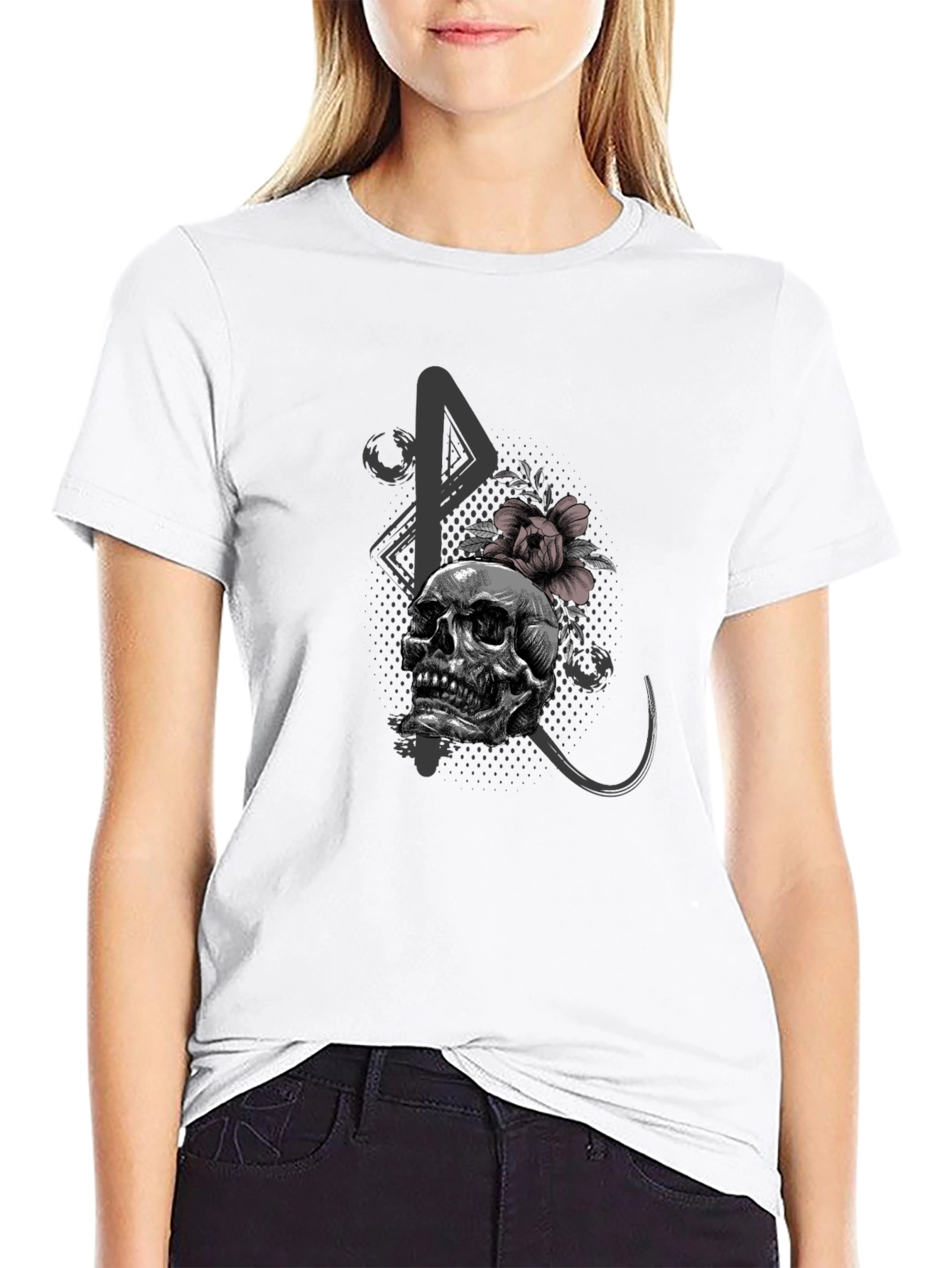 Black Skull and Flower Graphic Print Black T-Shirt view 9