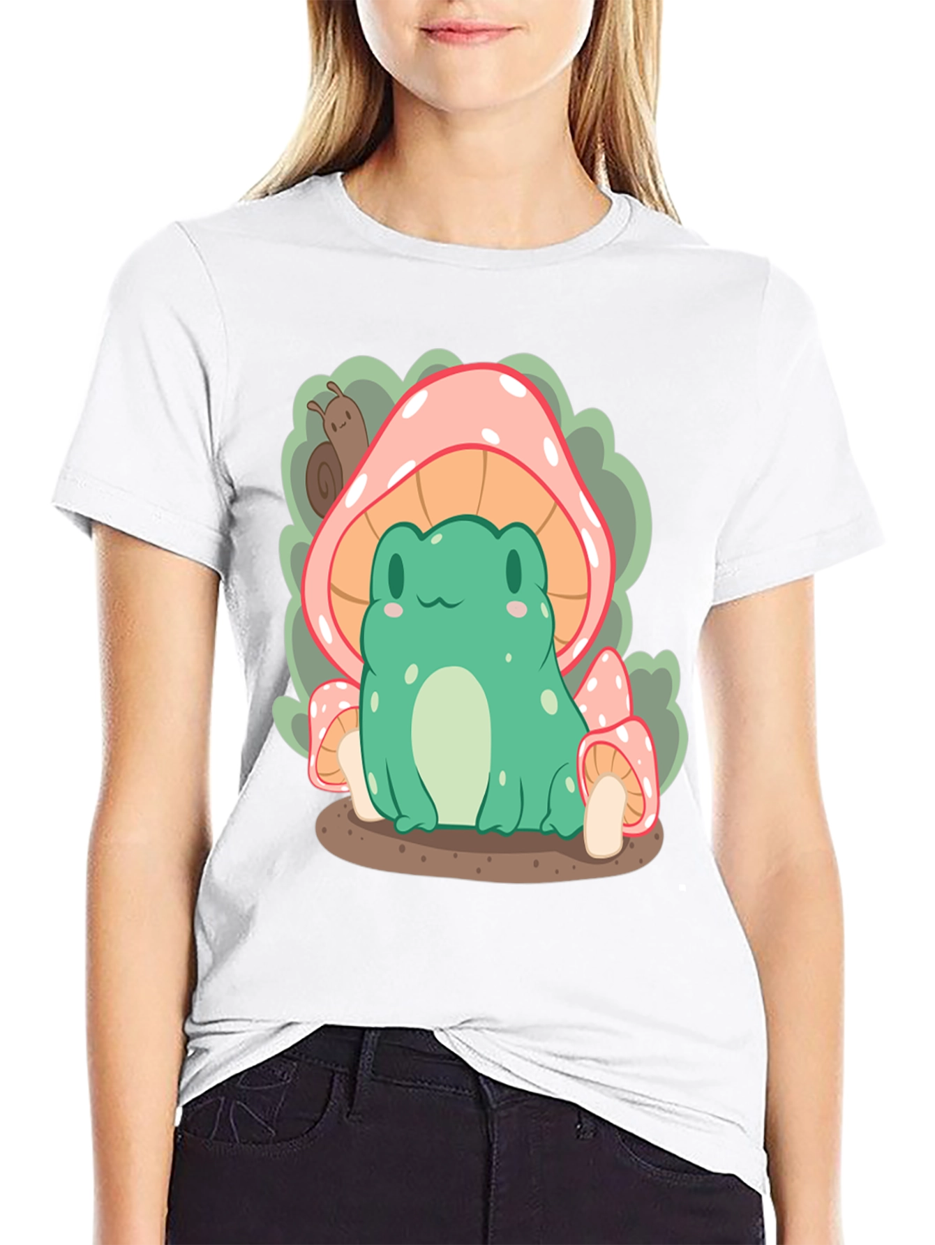 Black Cute Frog Under Mushroom T-Shirt view 9