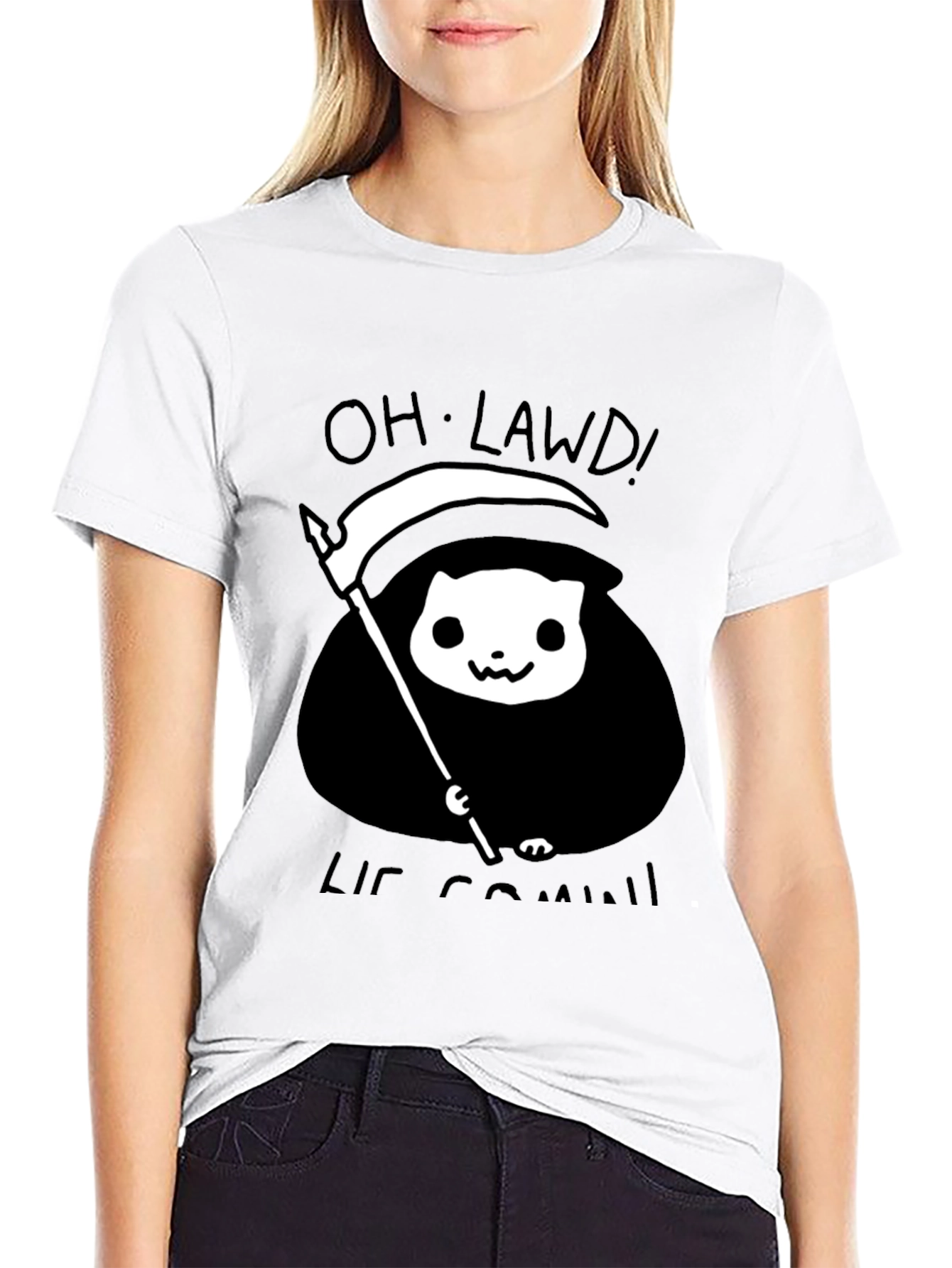 Black Grim Reaper Cat T-Shirt - Oh Lawd He Comin' Tee view 9