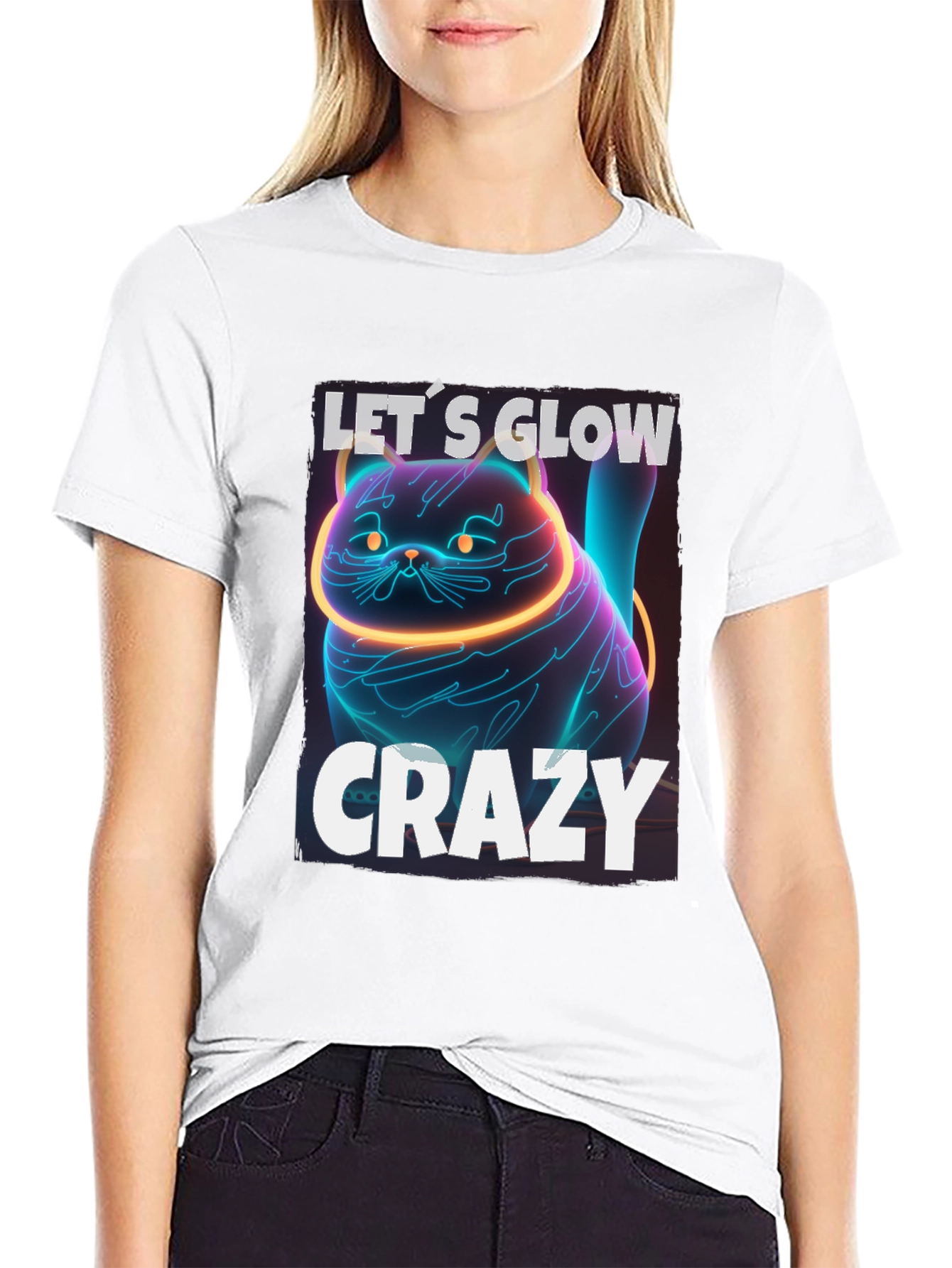 Black Let's Glow Crazy Cat Graphic T-Shirt - Neon Style view 9