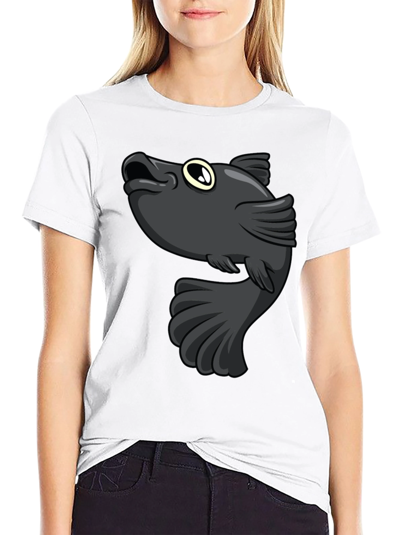 Cartoon Fish Graphic Print Black T-Shirt - 9