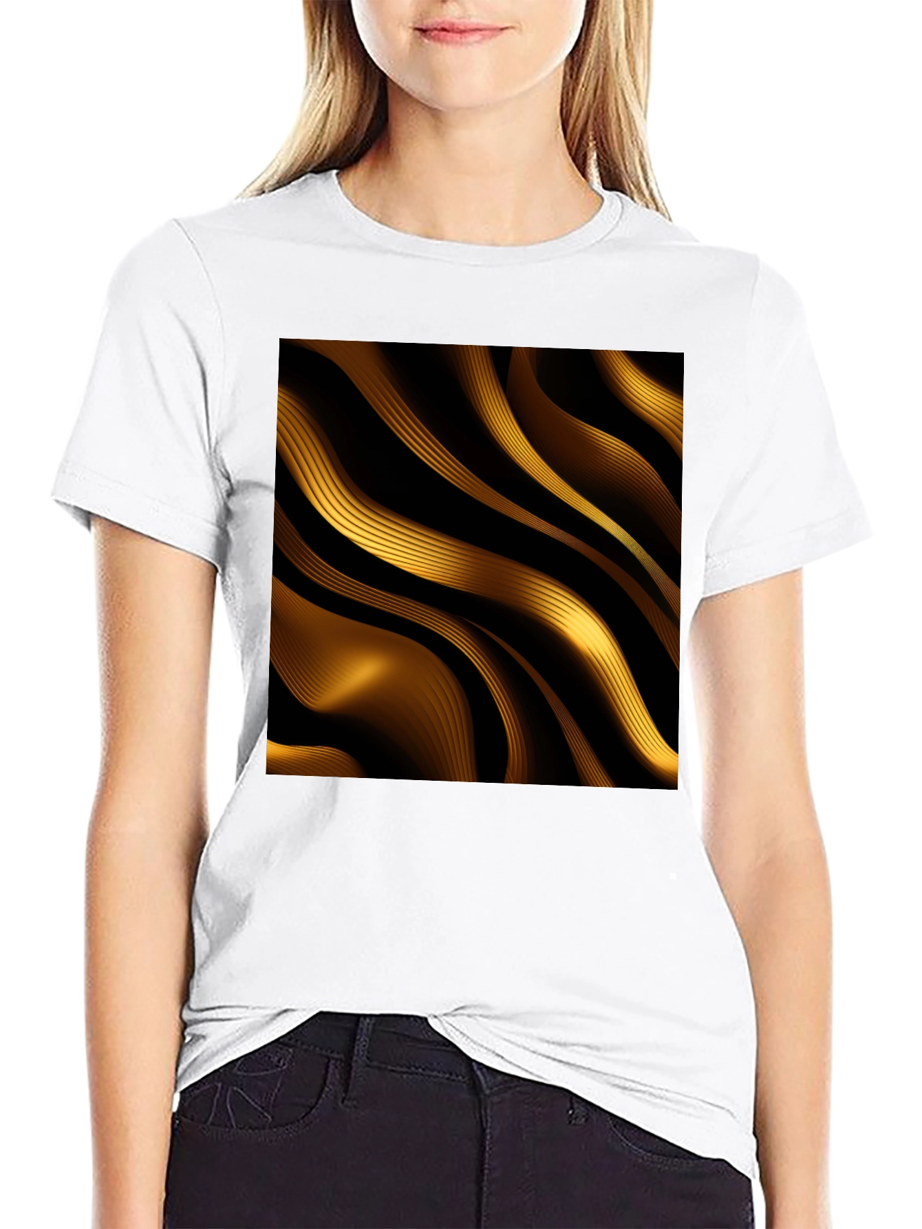 Black Golden Abstract Wave Print Black T-Shirt view 9