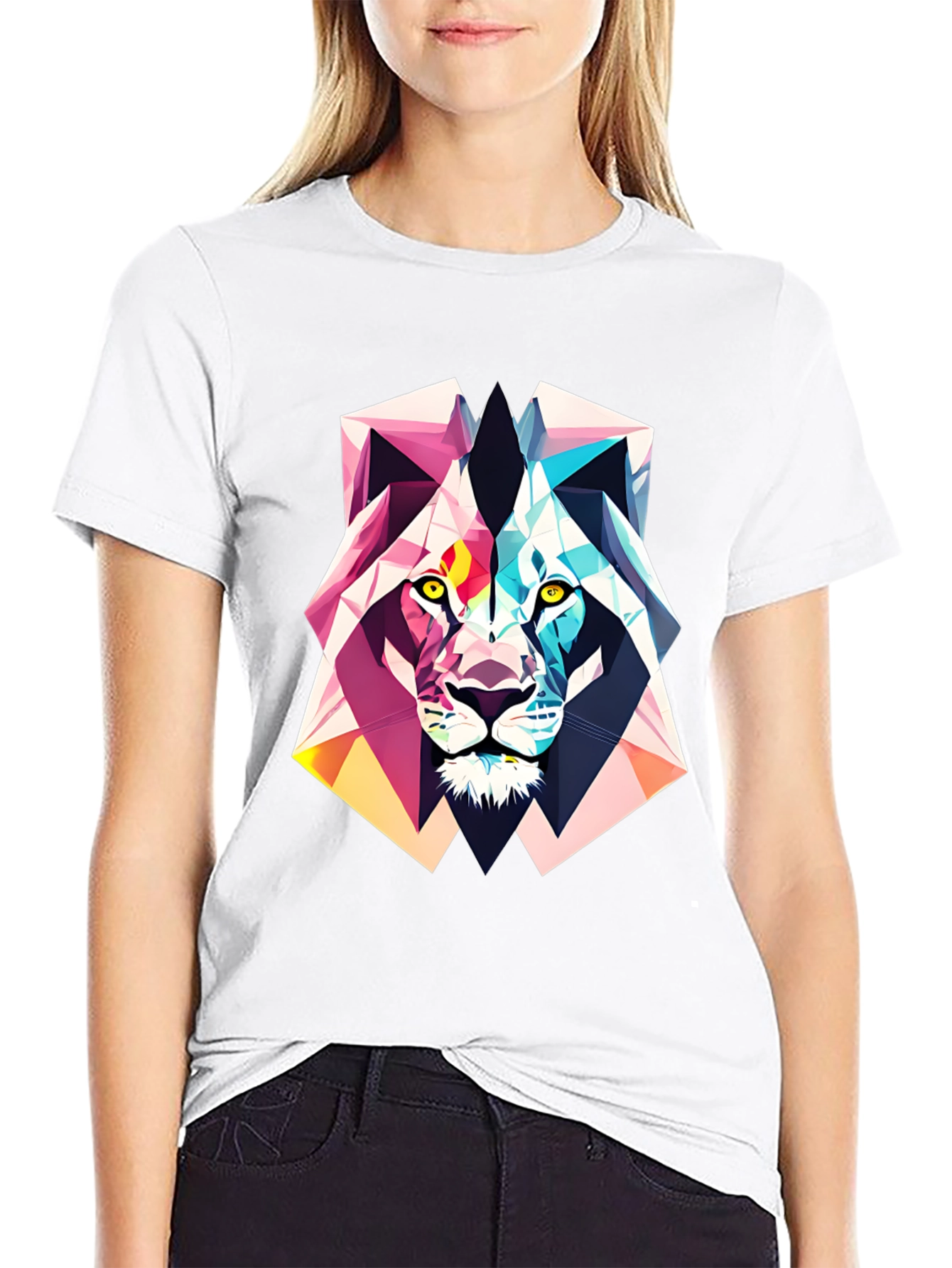 Black Geometric Lion Graphic Tee - Abstract Art Shirt view 9